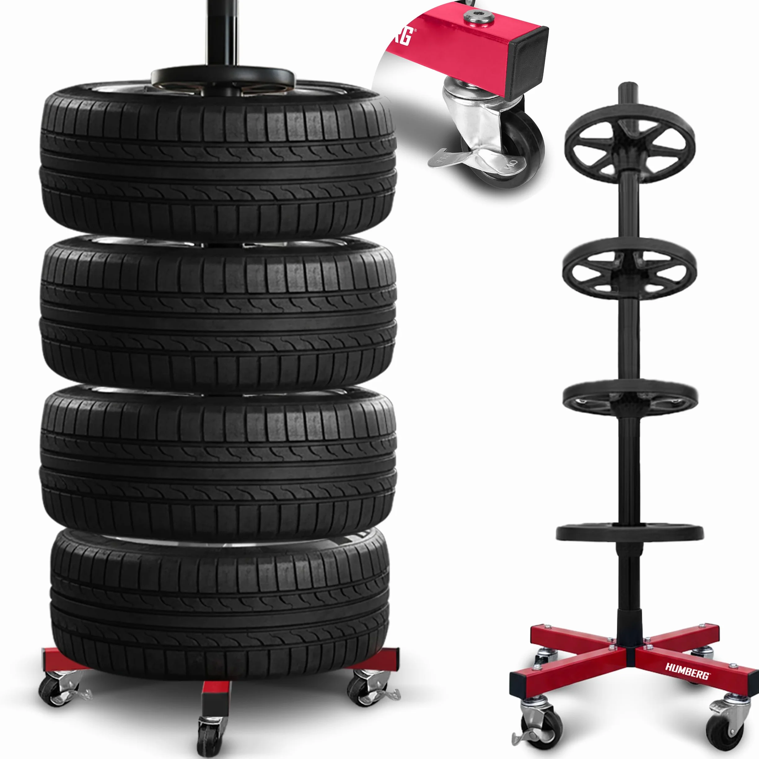 Humberg Stojak na Felgi i Opony 110kg Mobilny Regał Wolnostojący na 4 Koła Stal Aluminium