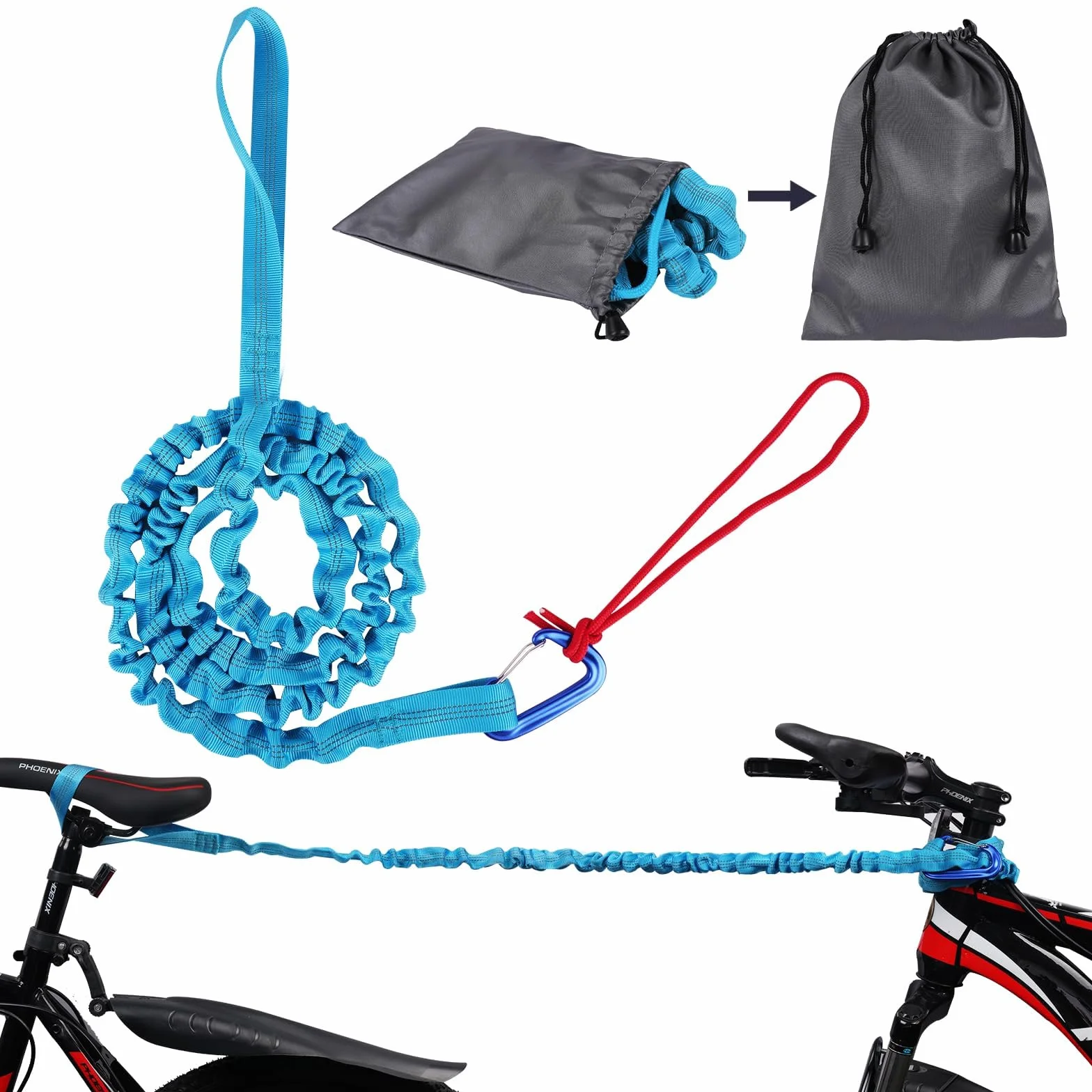 URAQT Lina holownicza rowerowa dla dzieci, 3 m, samonaprawiająca, udźwig 500 kg, elastyczny pasek do odzyskiwania, pas holowniczy dla dzieci, rower MTB lub górski, niebieski