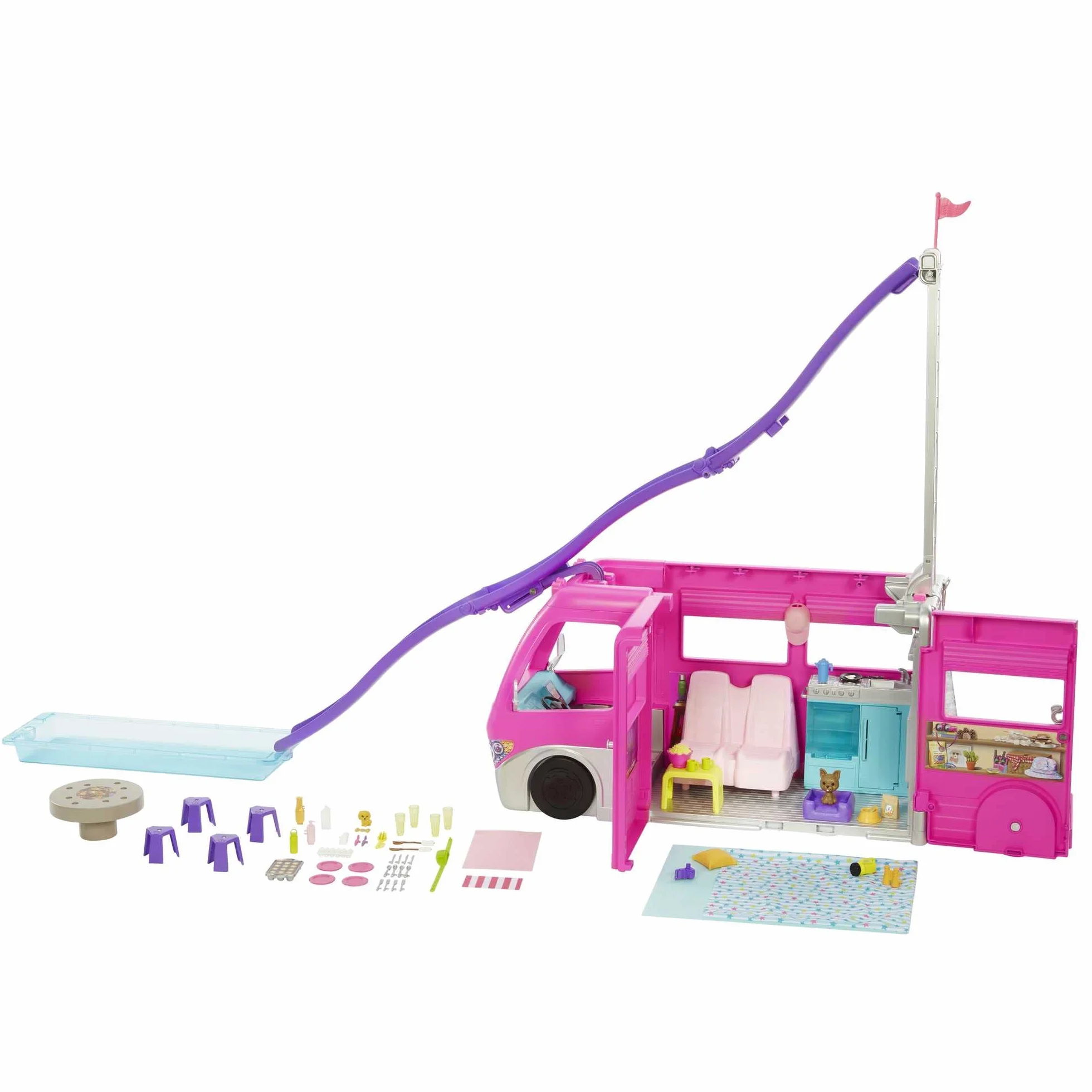 Barbie Dreamcamper Zestaw z kamperem z obracającymi się kółkami, 7 obszarami zabawy, basenem, zjeżdżalnią i ponad 60 akcesoriami kempingowymi, prezent dla dzieci od 3 roku życia, HCD46