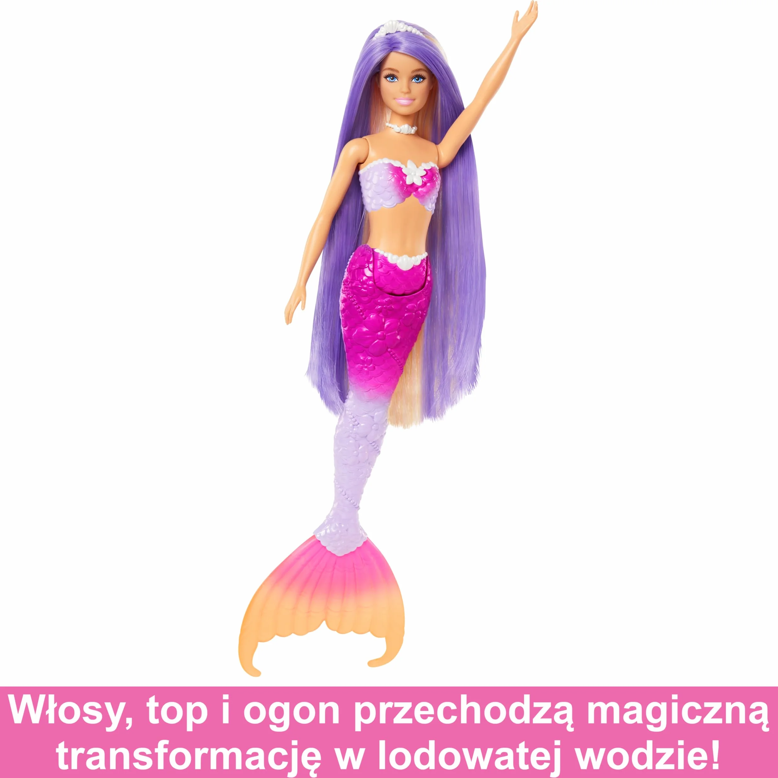 Barbie Malibu Syrenka Zmiana koloru Lalka z różowymi włosami, akcesoriami do stylizacji, delfinkiem i funkcją zmiany koloru aktywowaną wodą, HRP97