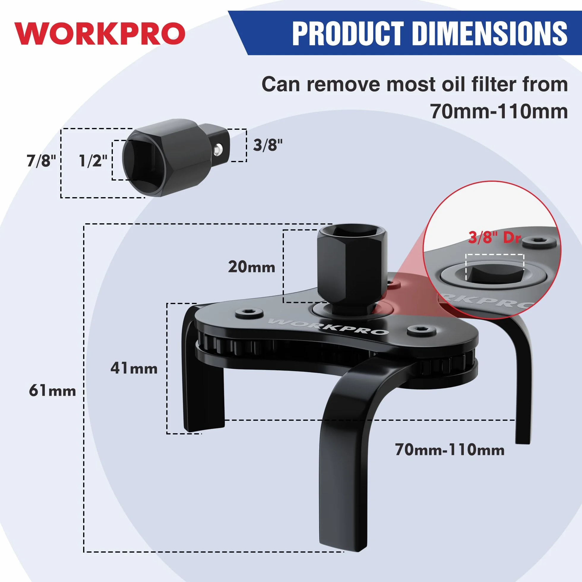 WORKPRO Uniwersalny klucz do filtra oleju 3-szczękowy regulowany 70-110 mm