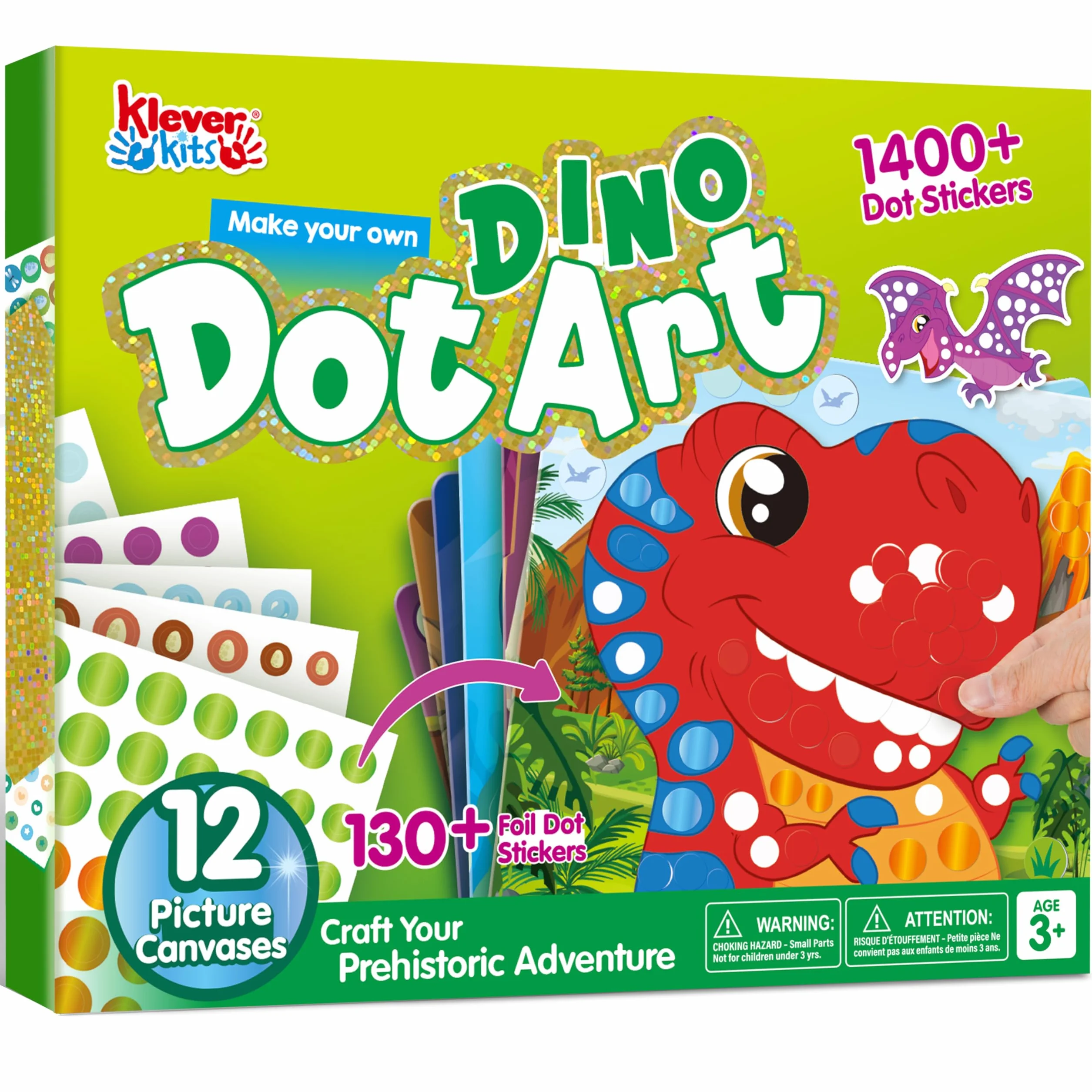 Klever Kits Dot Art Aktywność, Dot It Dinozaur, zestaw naklejek do majsterkowania dla dzieci, zestaw DIY do majsterkowania, prezenty urodzinowe dla dzieci od 3+ lat, zabawka podróżna w samolocie