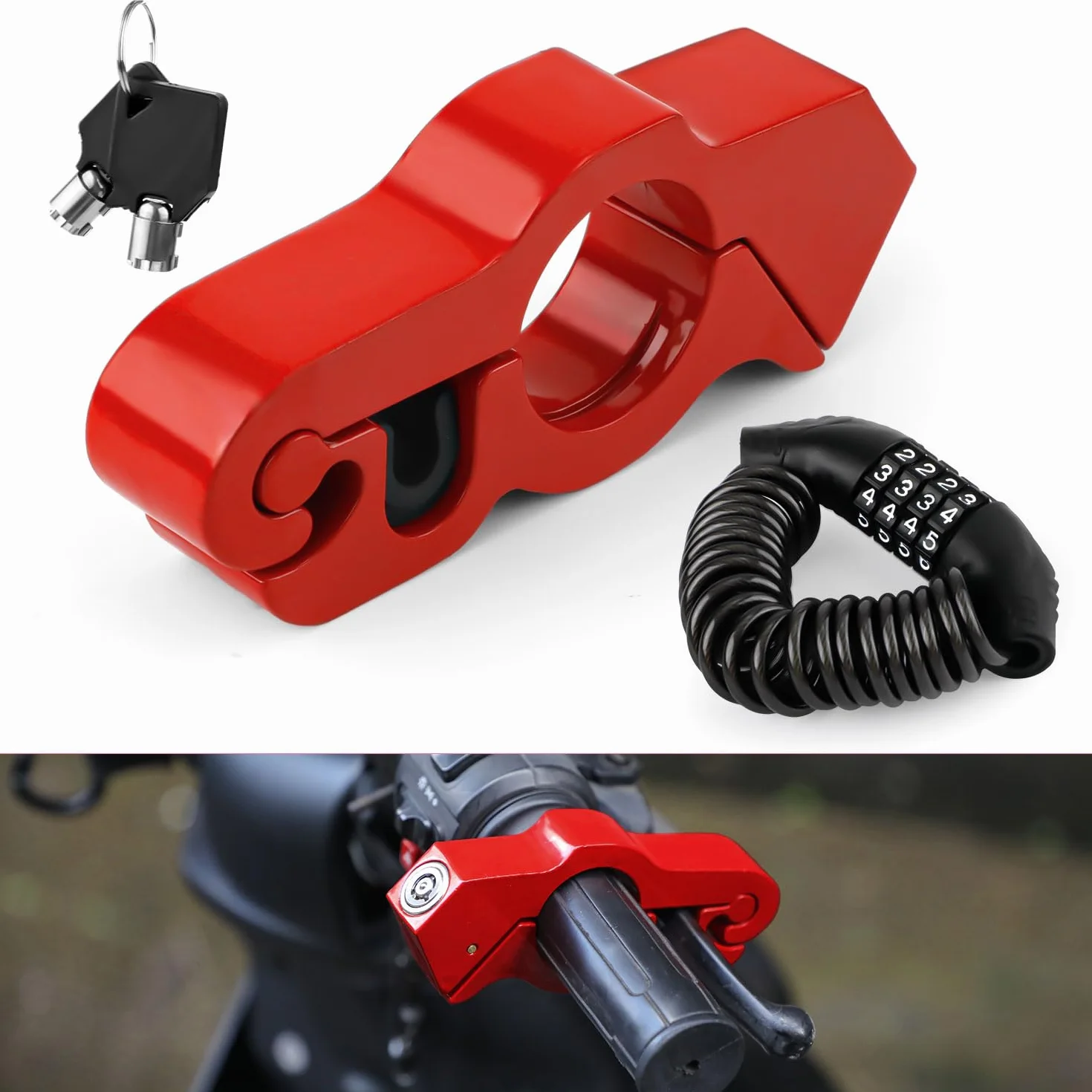 Blokada do Kasku i Blokada Hamulca, Praktyczna Blokada na Kierownice Motocykla Zamki Motocyklowe Kombinacja Zamków Rowerowych Aby Chronic Motocykl Przed Zgubieniem (Czerwony)