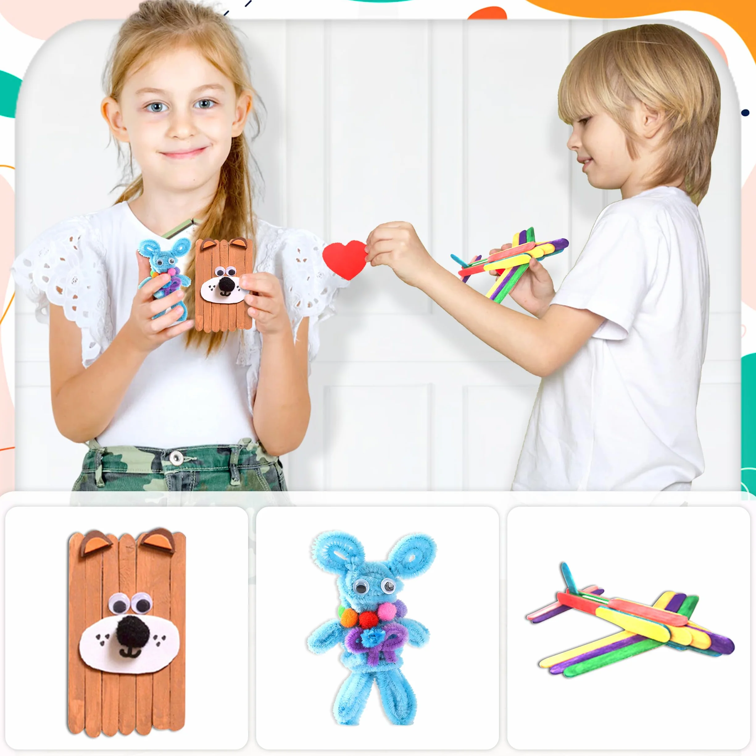 LINAYE Zestaw 3000 Sztuk do Majsterkowania dla Dzieci, Walizka z Pomponami, Środkiem do Czyszczenia Fajek, Scrapbooking, dla Dzieci 4-10 Lat