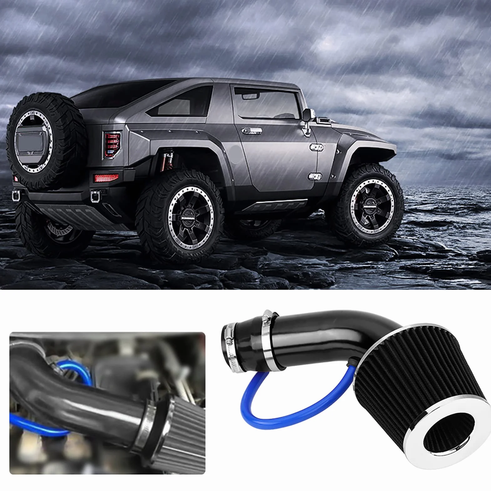 Auto Sport Filtr powietrza, 76 mm 3-calowy uniwersalny zestaw filtra wlotu powietrza chłodzącego, uniwersalny system wlotu powietrza z włókna węglowego z wężem (wzór węglowy)