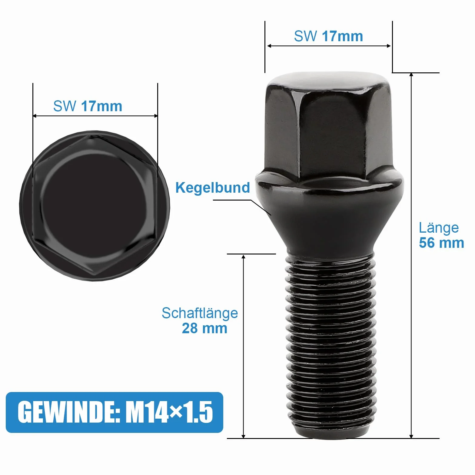 GAsuppply M14 x 1,5, 20 sztuk, śruby do kół SW17 mm, stożek 60°, średnica D = 28 mm, sworzeń koła do felg aluminiowych i wymiany opon (czarny)