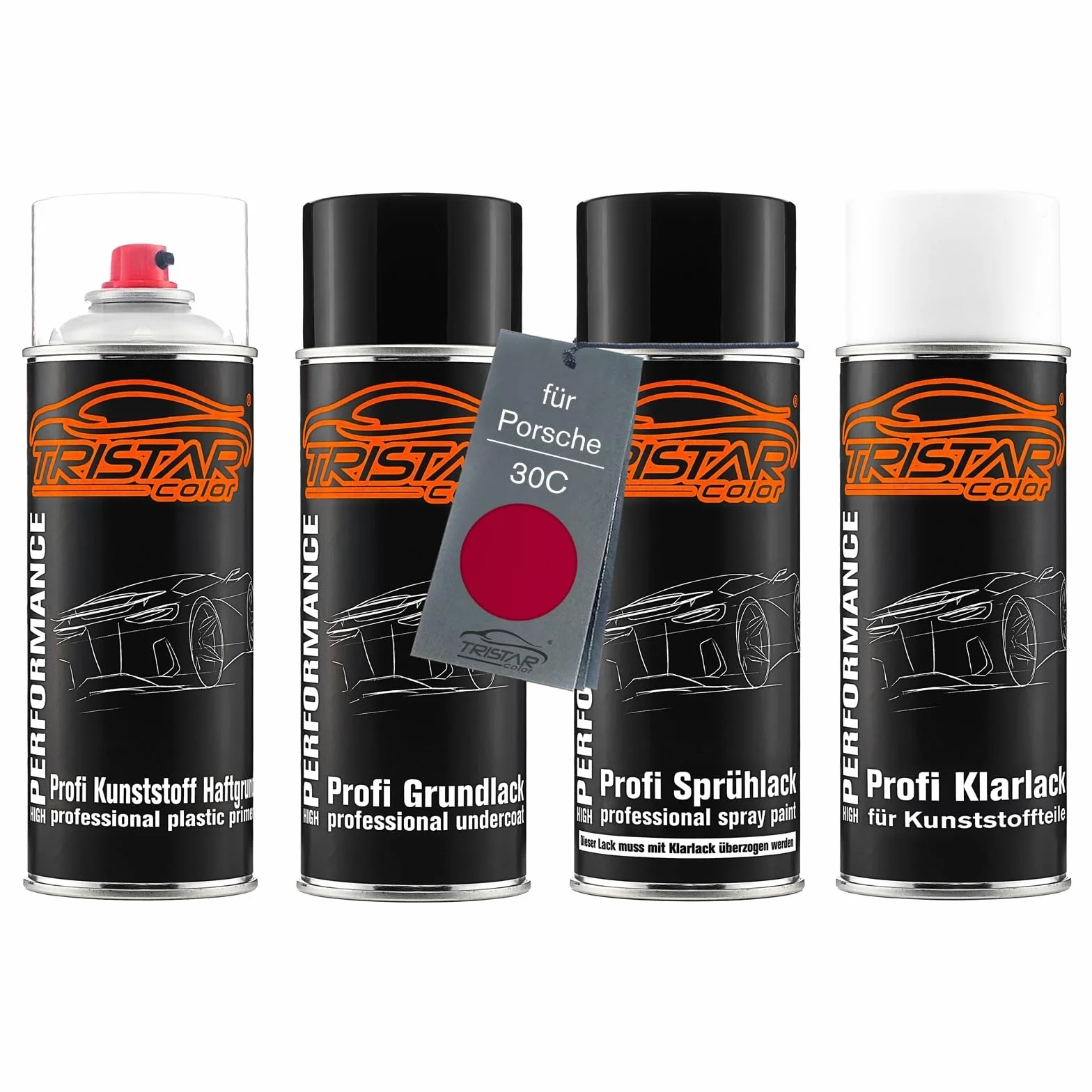 TRISTARcolor Zestaw w sprayu Lakier samochodowy do tworzywa sztucznego dla Porsche 30C Malagarot podkladu przyczepnego lakieru bazowego lakieru bezbarwnego z miekkim dodatkiem