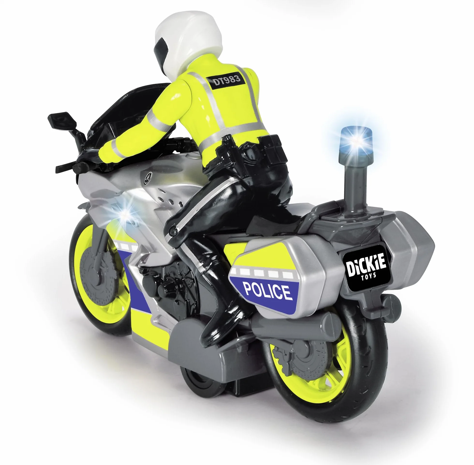Dickie Toys Motocykl policyjny – zabawka motocyklowa z figurką policjanta, dla dzieci od 3 lat, z niebieskim światłem i syreną, wolnobieg, długość 17 cm