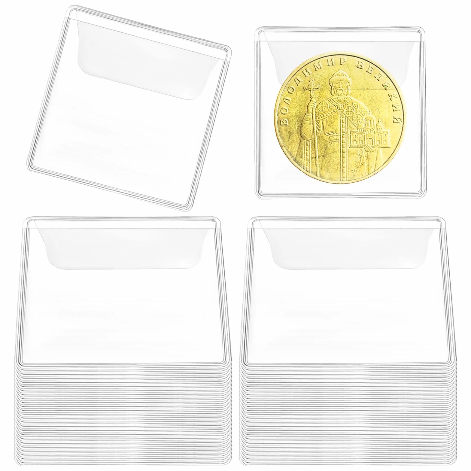 50 sztuk koszulek na monety PCW, etui do przechowywania monet, 5,5 x 5,5 cm, przezroczyste kieszenie, antyoksydacyjne, na monety, biżuterię, małe przedmioty