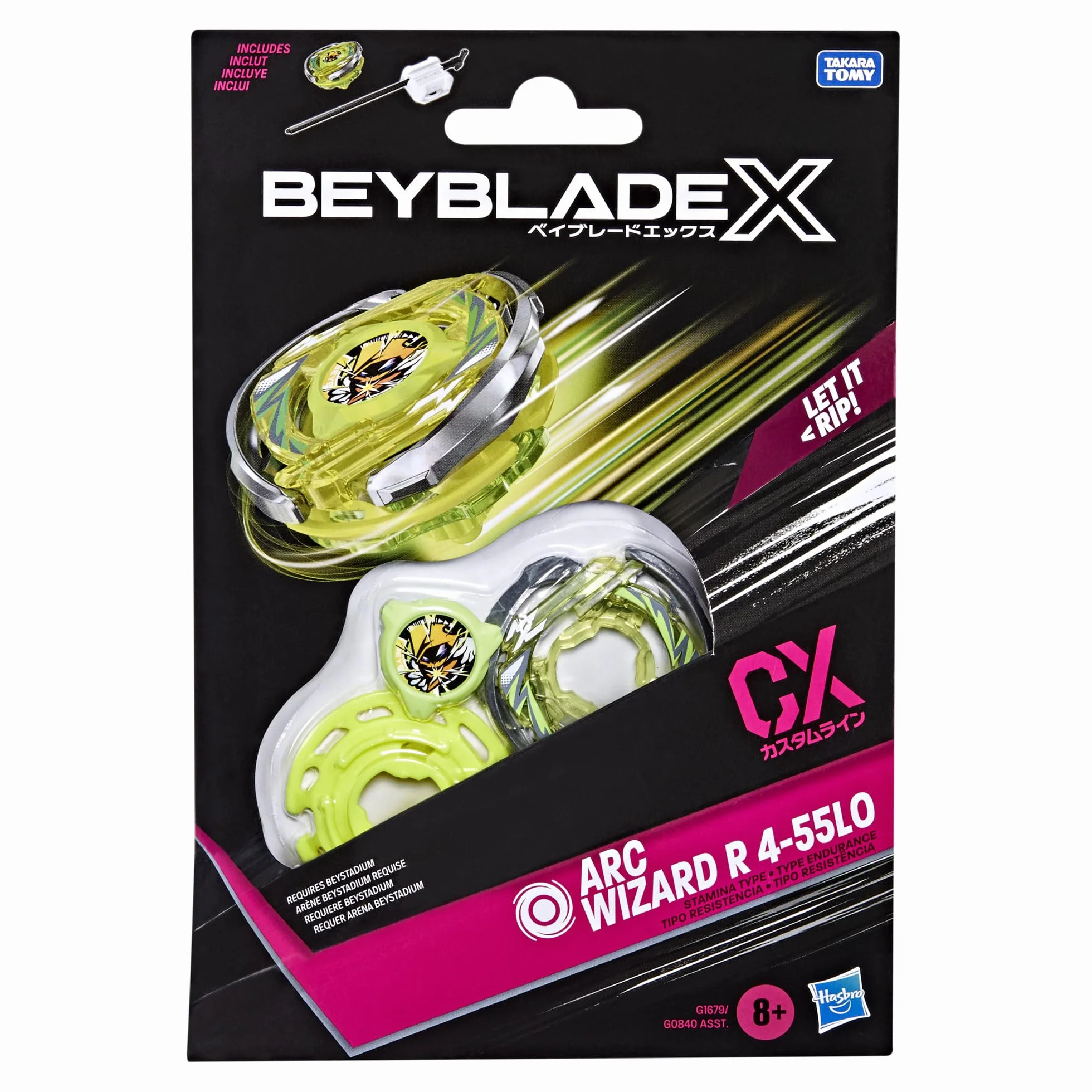Pakiet startowy Beyblade X Arc Wizard R 4-55LO CX, bączek i wyrzutnia