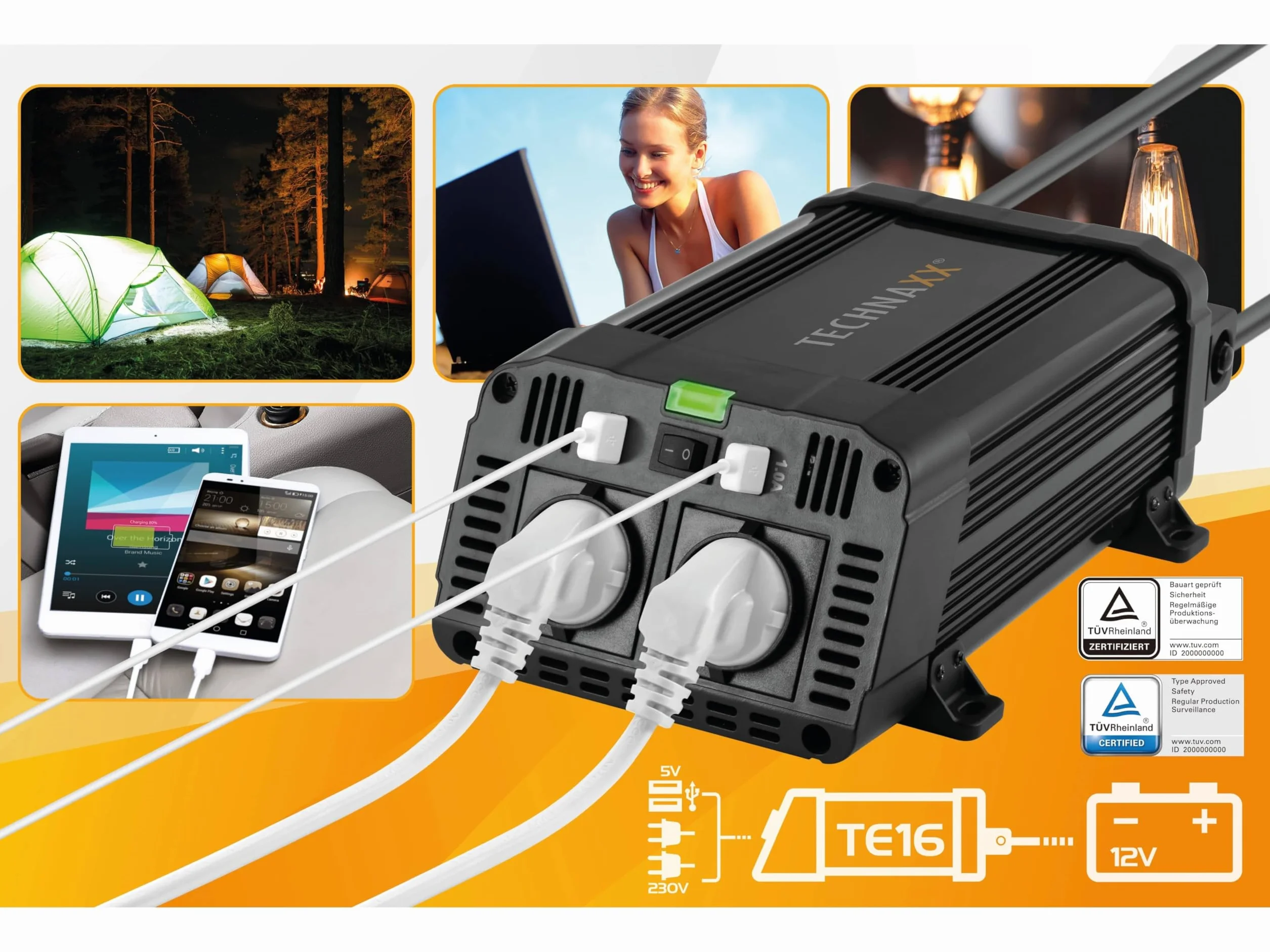 Technaxx Falownik samochodowy 12V 230V 1200W 2400W inwerter z 2 wtyczkami Schuko i 2x USB