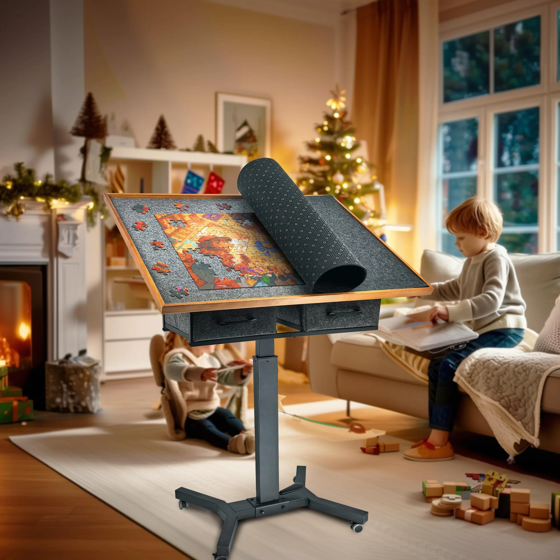 FATIVO Stół do puzzli, 1500 elementów, z regulacją wysokości na kółkach, 70 x 90 cm, z 2 szufladami z materiału, mobilna deska puzzli 74-98 cm, dla dorosłych, regulowany kąt, kolor czarny, brązowy