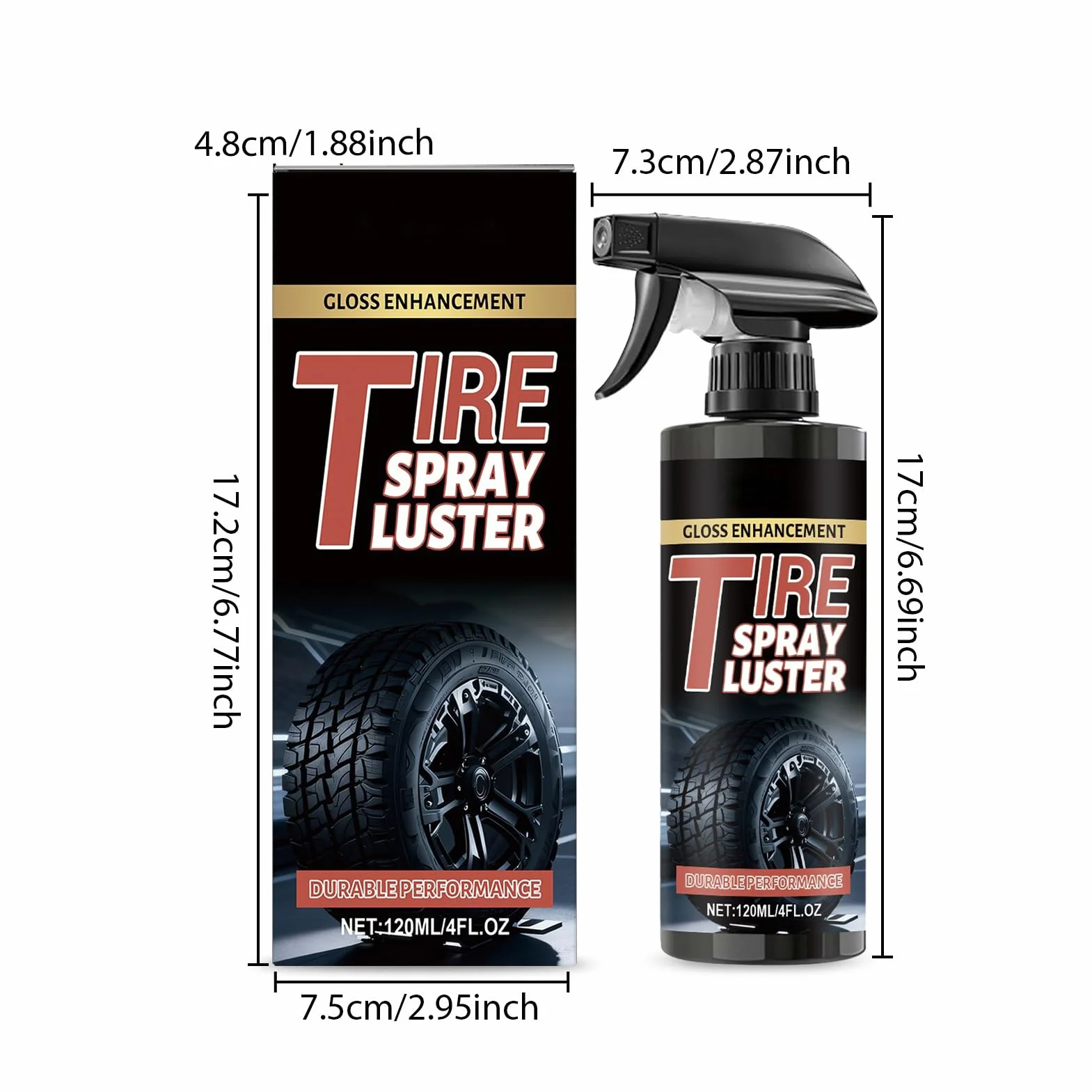 Tire Shine Spray - 120ml Rim Restorer Agent, High Gloss Wheel Cleaner | Deep Black Finish Effect, Long-Lasting Protective Coating Function, Car Care Accessory, Ideal for Vehicle, Garage, 7.3x17cm