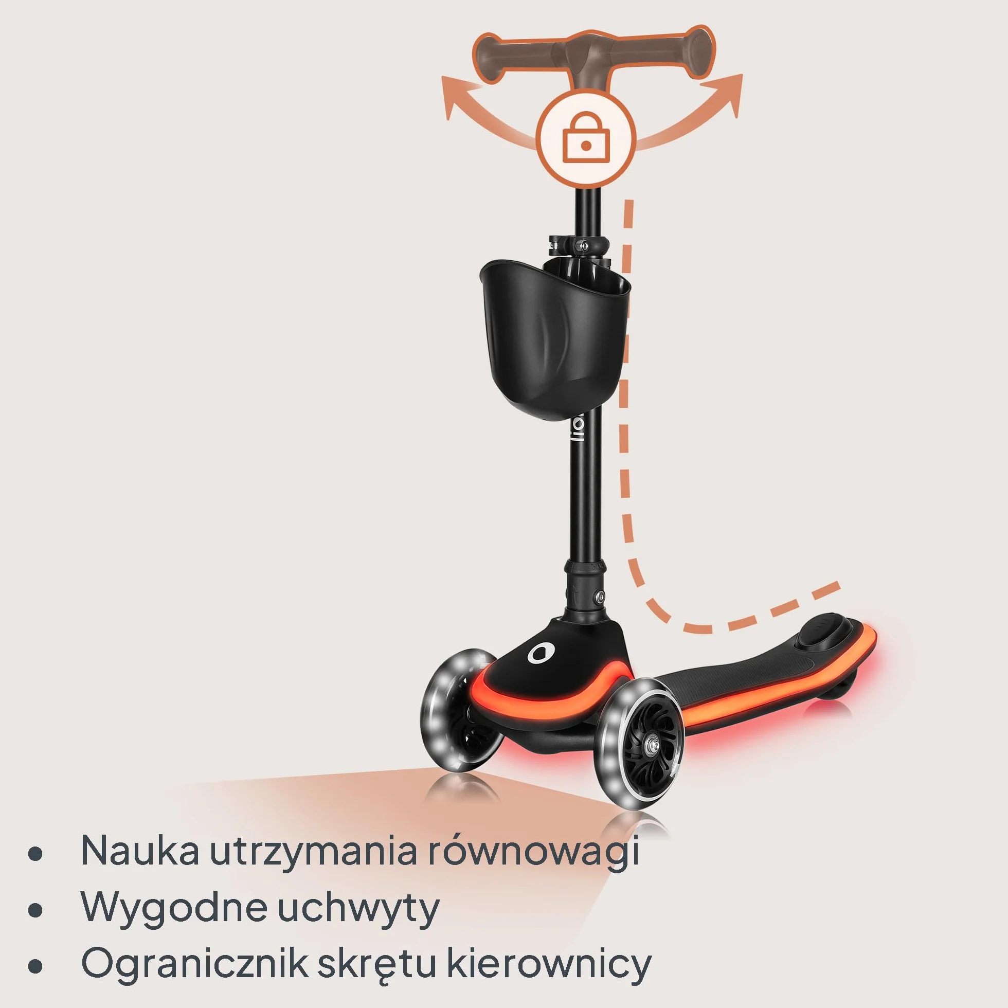 LIONELO MEY Hulajnoga Balansowa dla Dzieci od 3 roku życia do 50 kg, Trójkołowa Hulajnoga Dziecięca z Regulacją Wysokości, Antypoślizgowy Podświetlany Podest i Koła LED, Koszyk