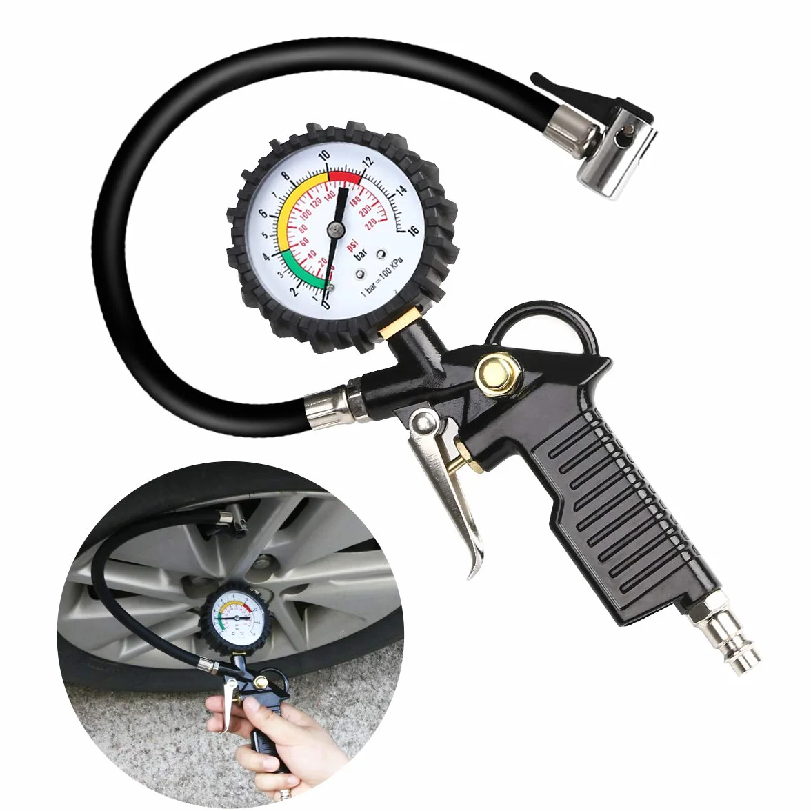 URAQT Miernik ciśnienia powietrza, manometr 220 psi, akcesoria do kompresora, czarny