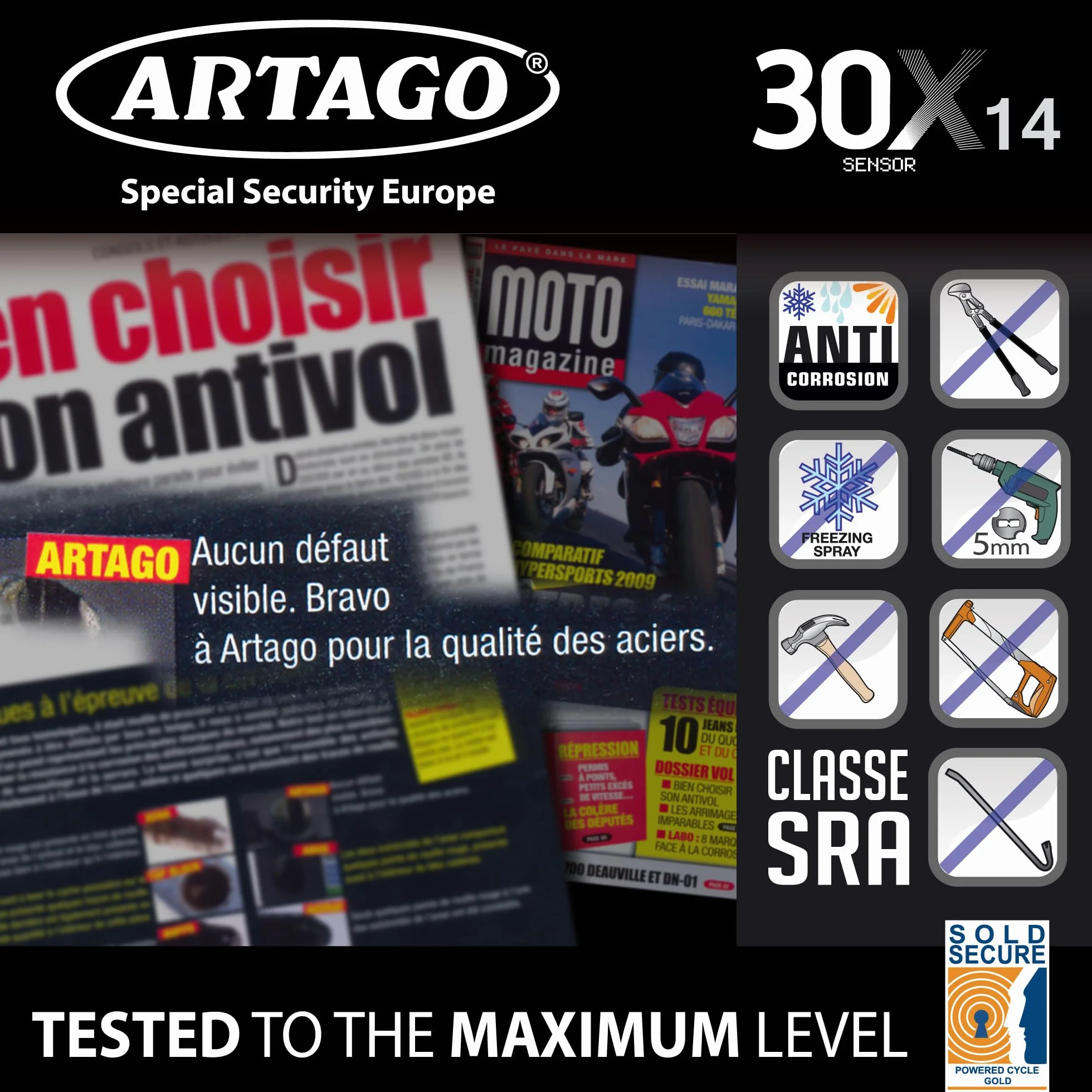 Artago 30X14 Kłódka przeciwkradzieżowa z alarmem 120 dB, podwójna blokada ø14, Secure Gold SRA