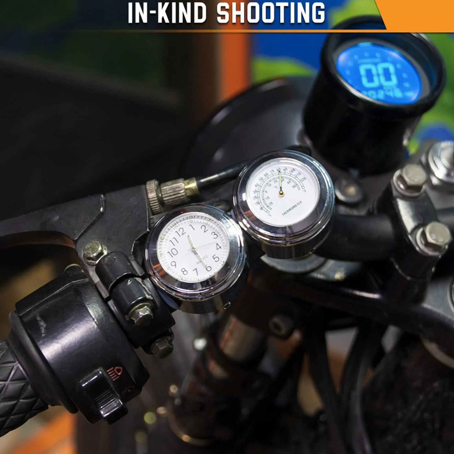 Shkalacar Kierownica motocykla zegar i termometr - wodoodporny zegarek cyfrowy montowany na kierownicy 22 mm-25,4 mm (7/8 cala-1 cala)
