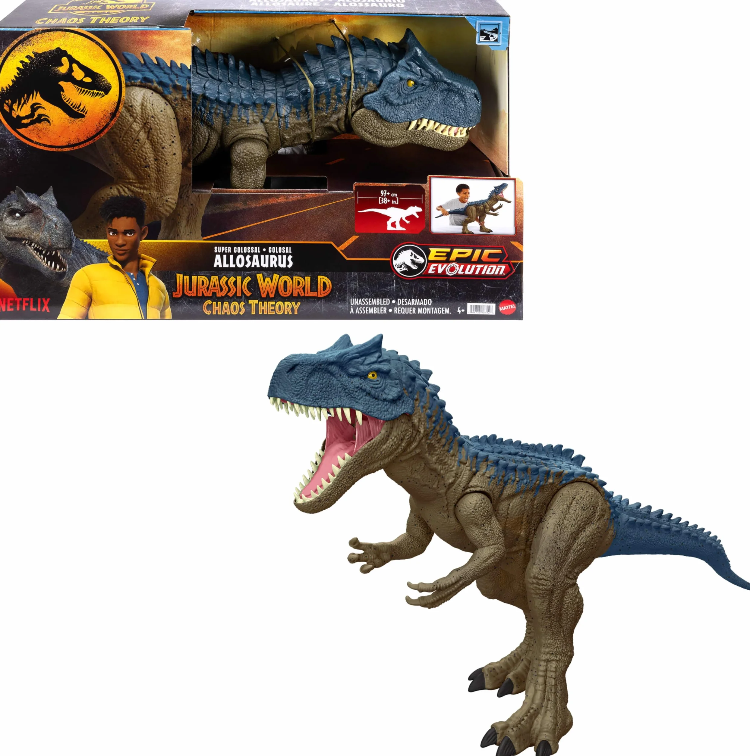 Mattel Jurassic World: Teoria chaosu Netflix - Kolosalny Allozaur Duża figurka dinozaura (96,5 cm długości) potrafiąca połknąć do 20 minifigurek, zabawka akcji, HRX53