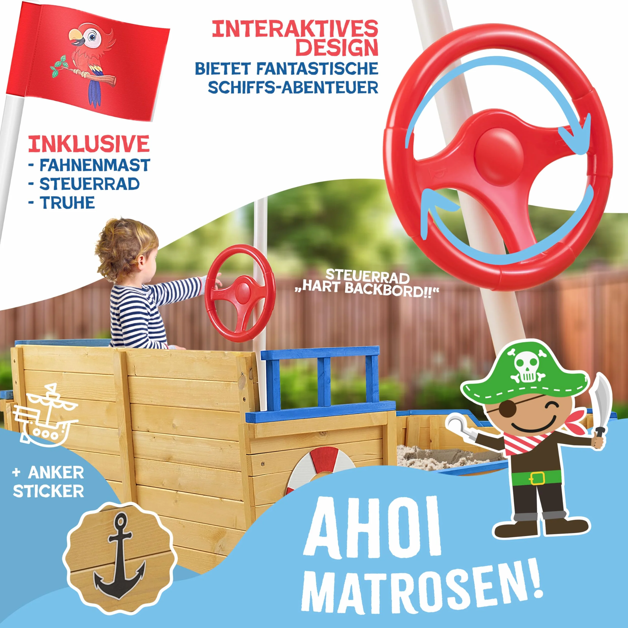 KIDIZ® Piaskownica AHOI – statek piracki, łódź żaglowa z drewna, w zestawie pokrywa, plandeka podłogowa, ławka do siedzenia, maszt flagowy, zabawki, duża piaskownica dla dzieci, do ogrodu, piaskownica