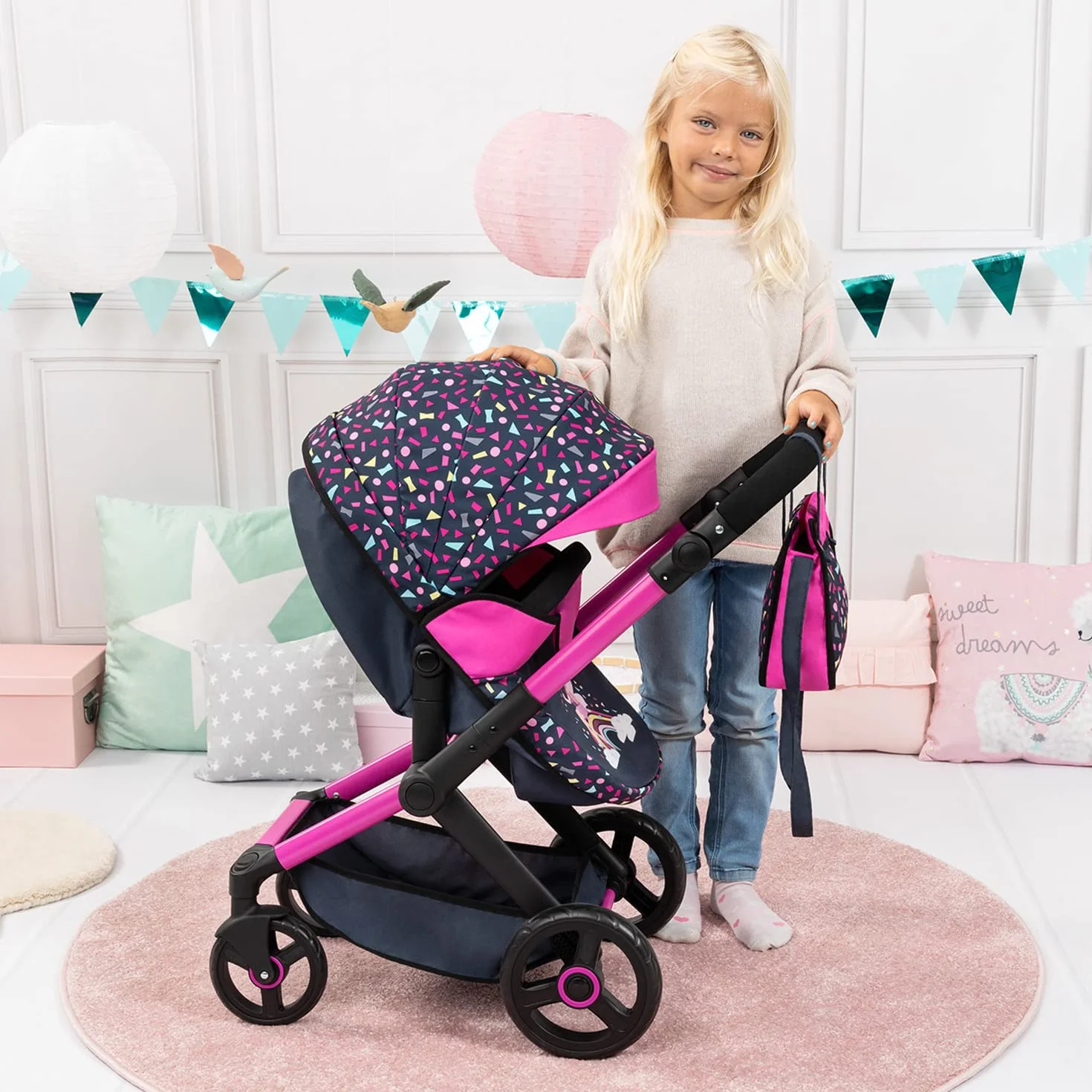 Bayer Design 17080AA Wózek dla lalek combi Xeo z torbą, regulacją wysokości, kolorowy, wróżka, Black, Pink, Fairy