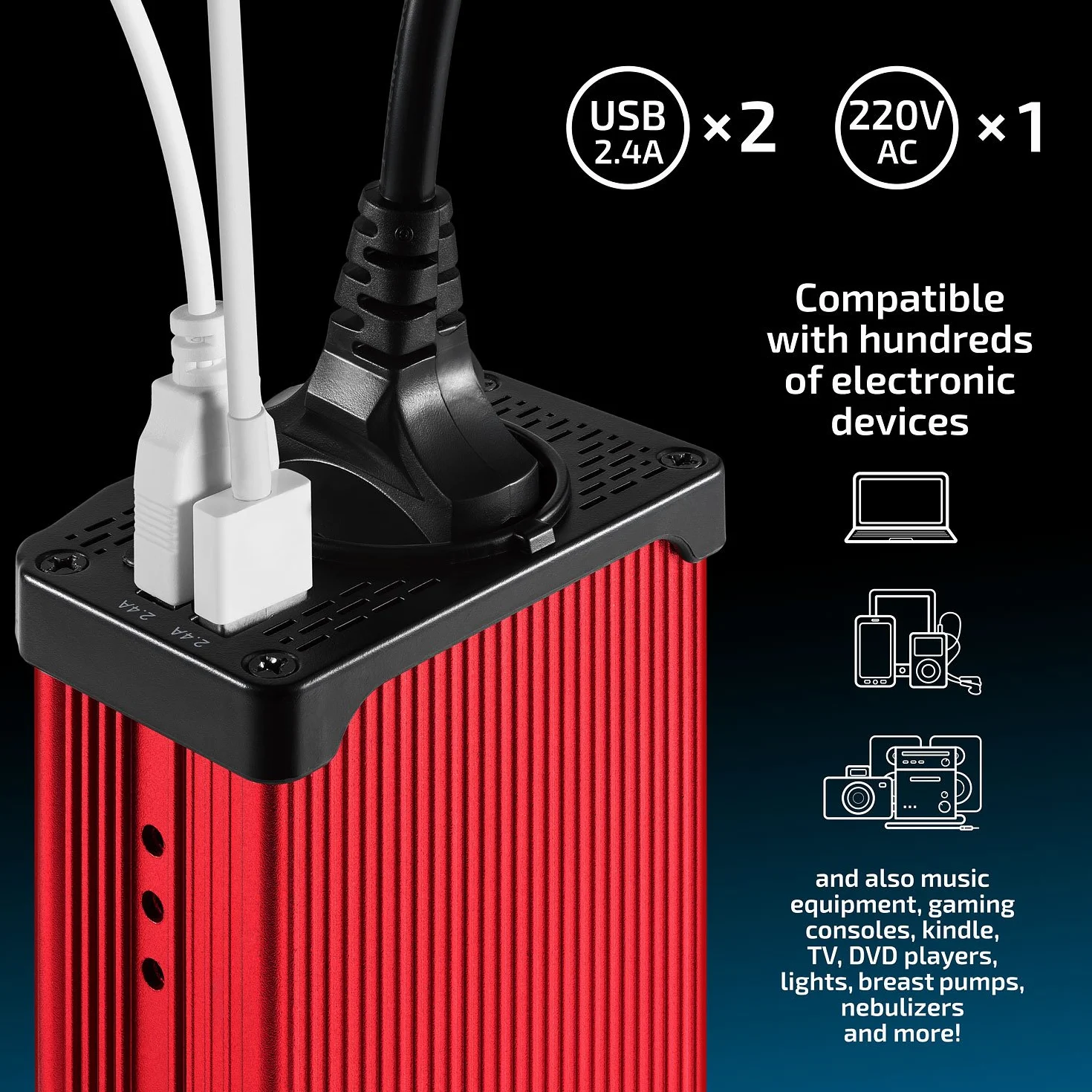 Odoga Falownik samochodowy 300 W 12 V na 240 V / 230 V, podwójne porty ładowania USB 4,8 A – ładuj laptopa, iPada, iPhone'a, tablet, konsole i trwalsze i wydajne, czerwony aluminiowy korpus