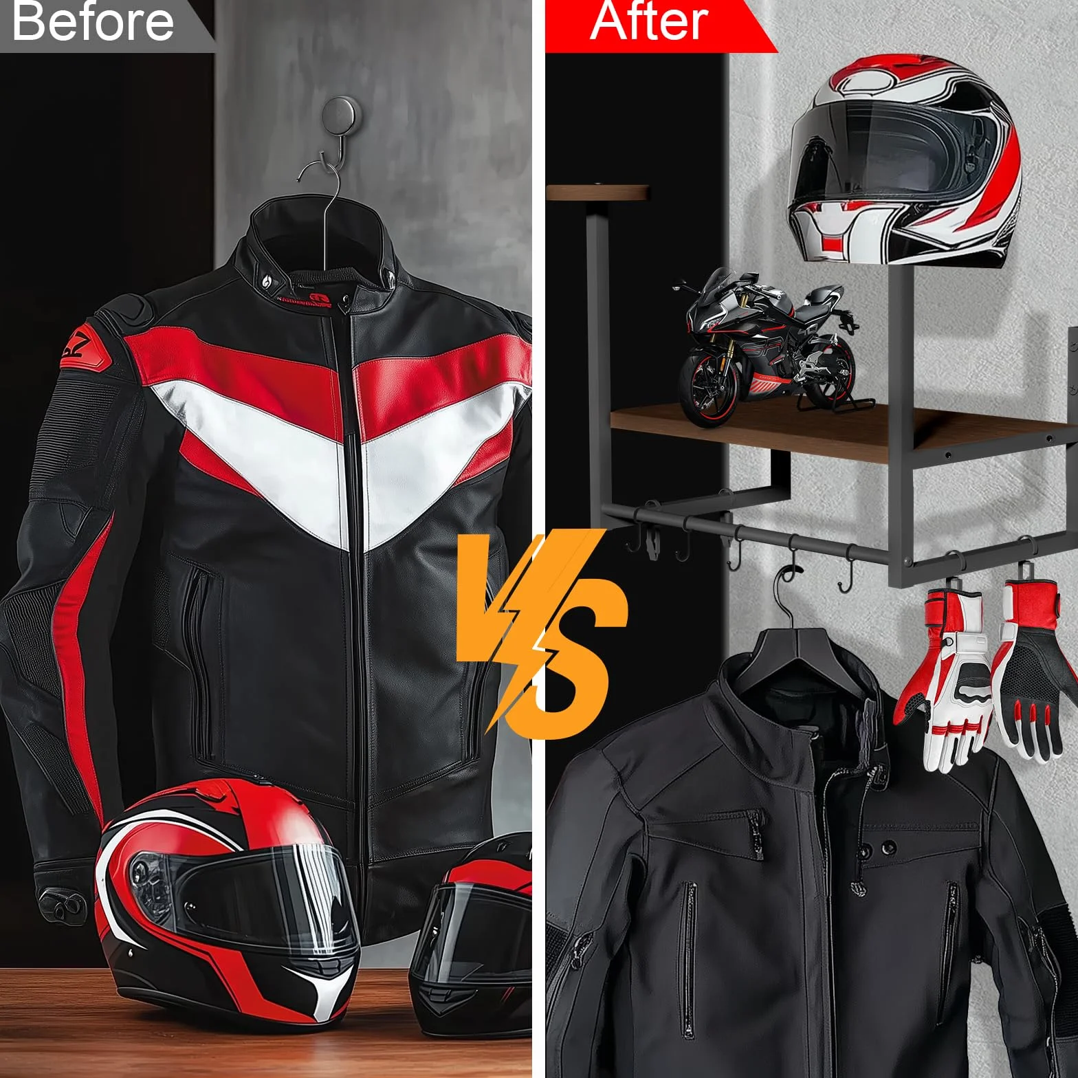 Uchwyt na kask motocyklowy, montowany na ścianie, jednowarstwowy uchwyt na kask retro, wykonany z żelaza i drewna, do przechowywania akcesoriów motocyklowych