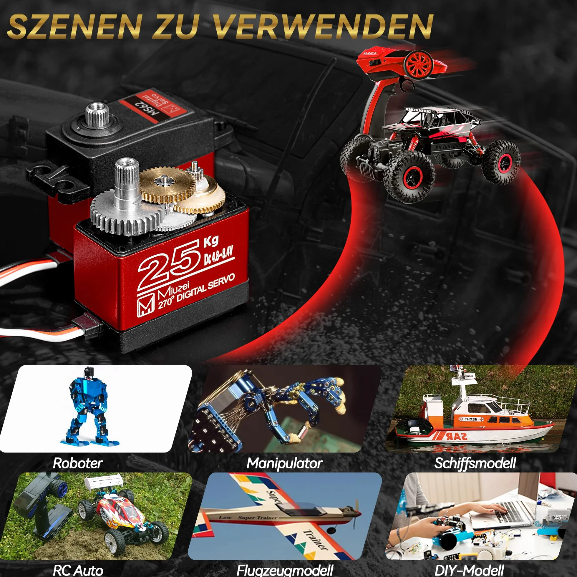 Miuzei Serwo 25 kg 270° RC cyfrowy serwomotor, wodoszczelny, metalowa przekładnia, model silnika do Arduino Car 1/10 1/8, ramię robota samolotu, 8,4 V HV High Speed Torque Micro serwo z kablem 25T