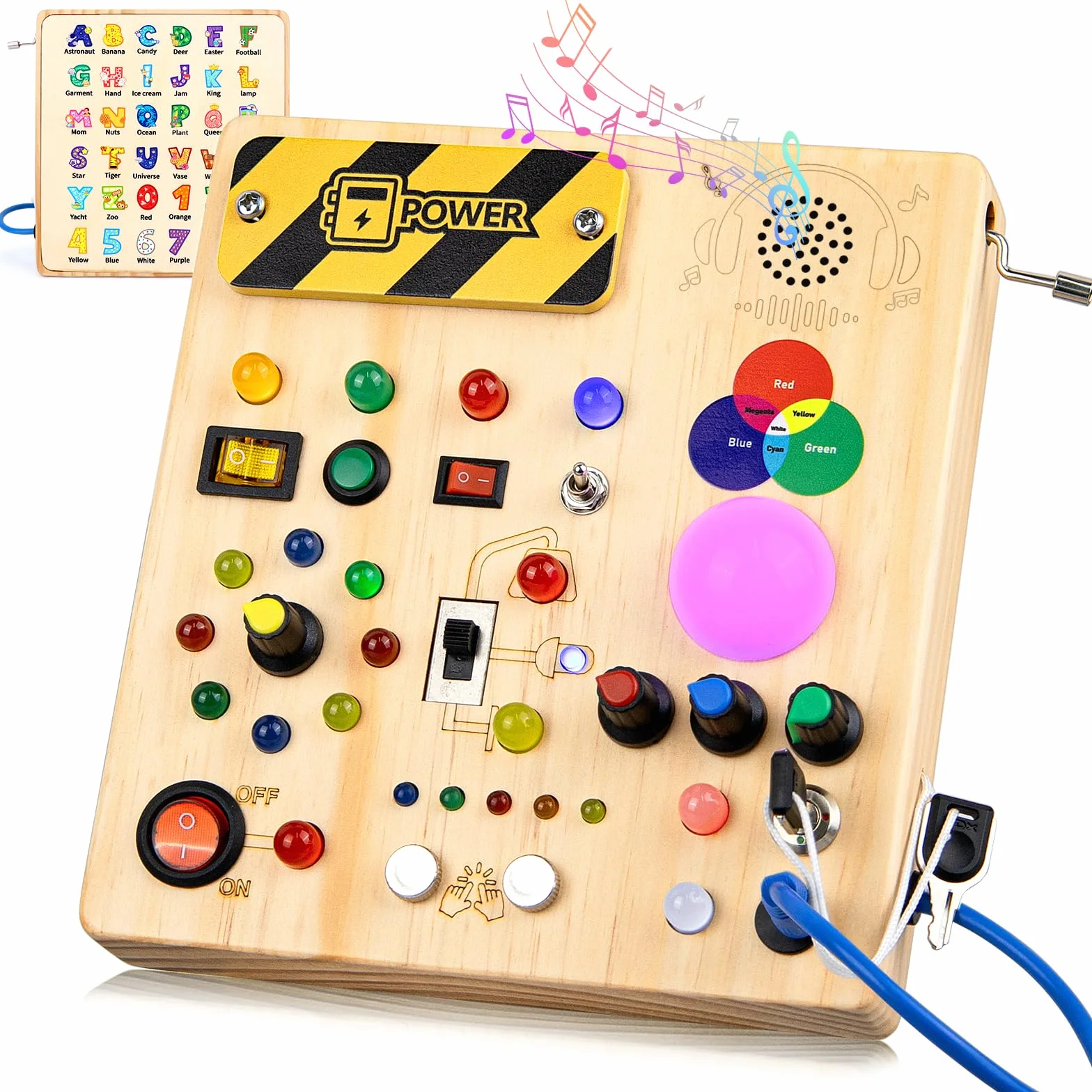 Montessori Busy Board Dzieci w Wieku 1 Roku Drewniana Zabawka z 13 Przełączników i 24 Diody LED Zabawka Sensoryczna dla Dzieci w Wieku 1, 2, 3 Lat