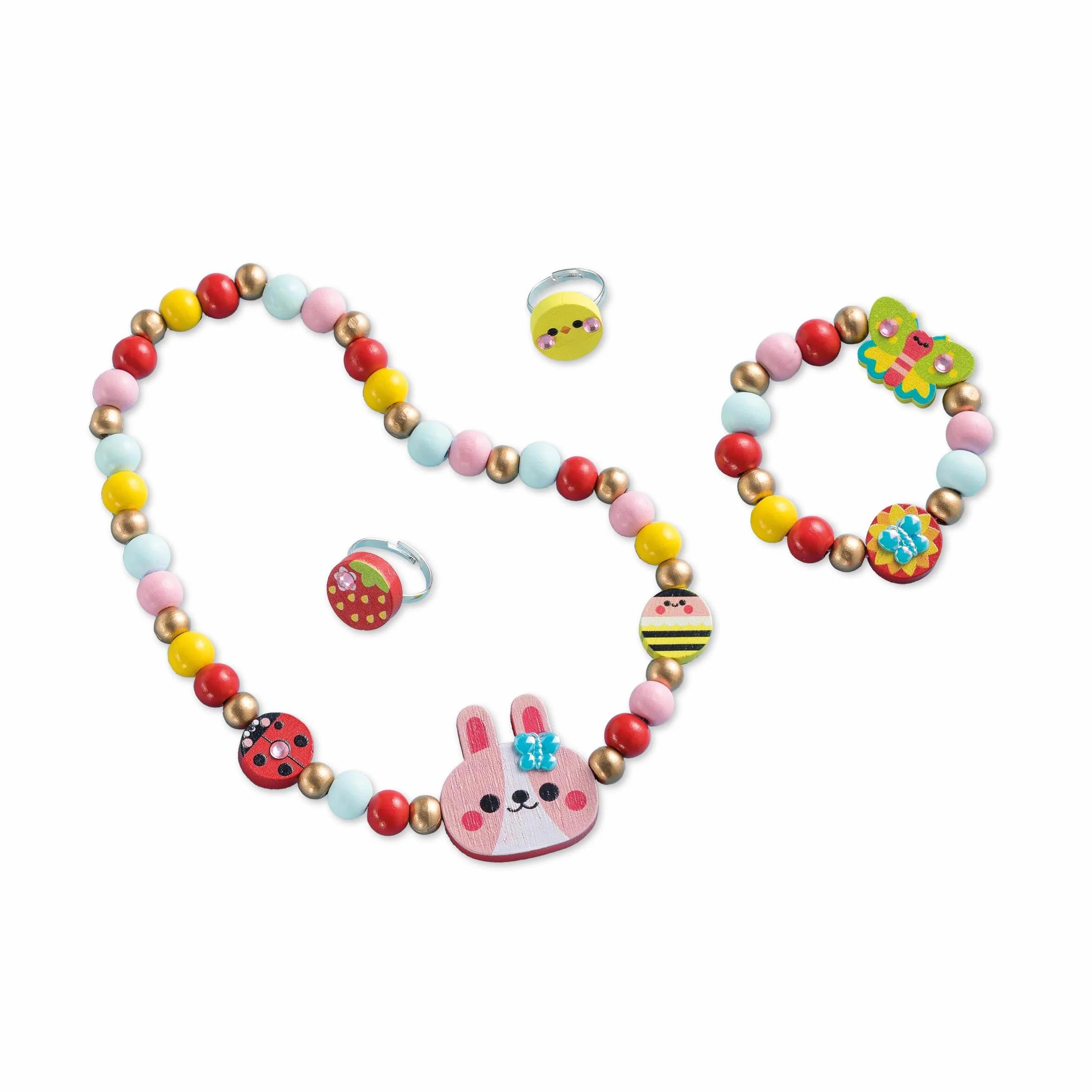 Janod 4 drewniane elementy biżuterii do stworzenia Flower Garden - pierwsze warsztaty jubilerskie - tworzenie biżuterii DIY - zestaw do kreatywnego spędzania wolnego czasu dla dzieci - nauka