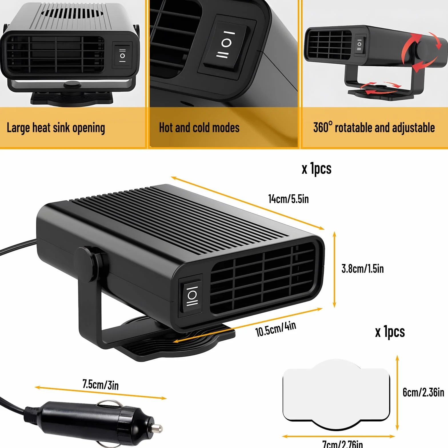 ZoneYan Ogrzewanie samochodowe 12 V, przenośny i wentylator 2 w 1, termowentylator samochodowy, ochrona przed zaparowaniem, odmrażanie przedniej szyby, podłączanie do zapalniczki samochodowej,