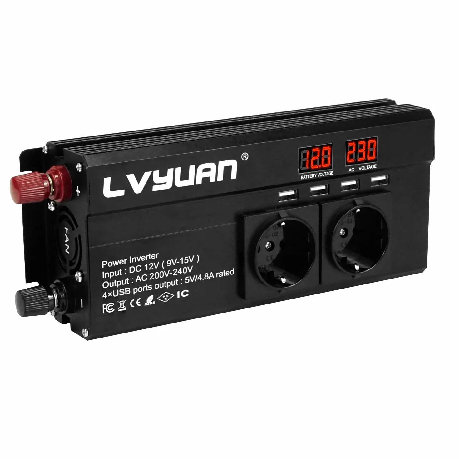 Yinleader Power Inverter 12V 230V 1500W Falownik z 4 USB i 2 Gniazdami