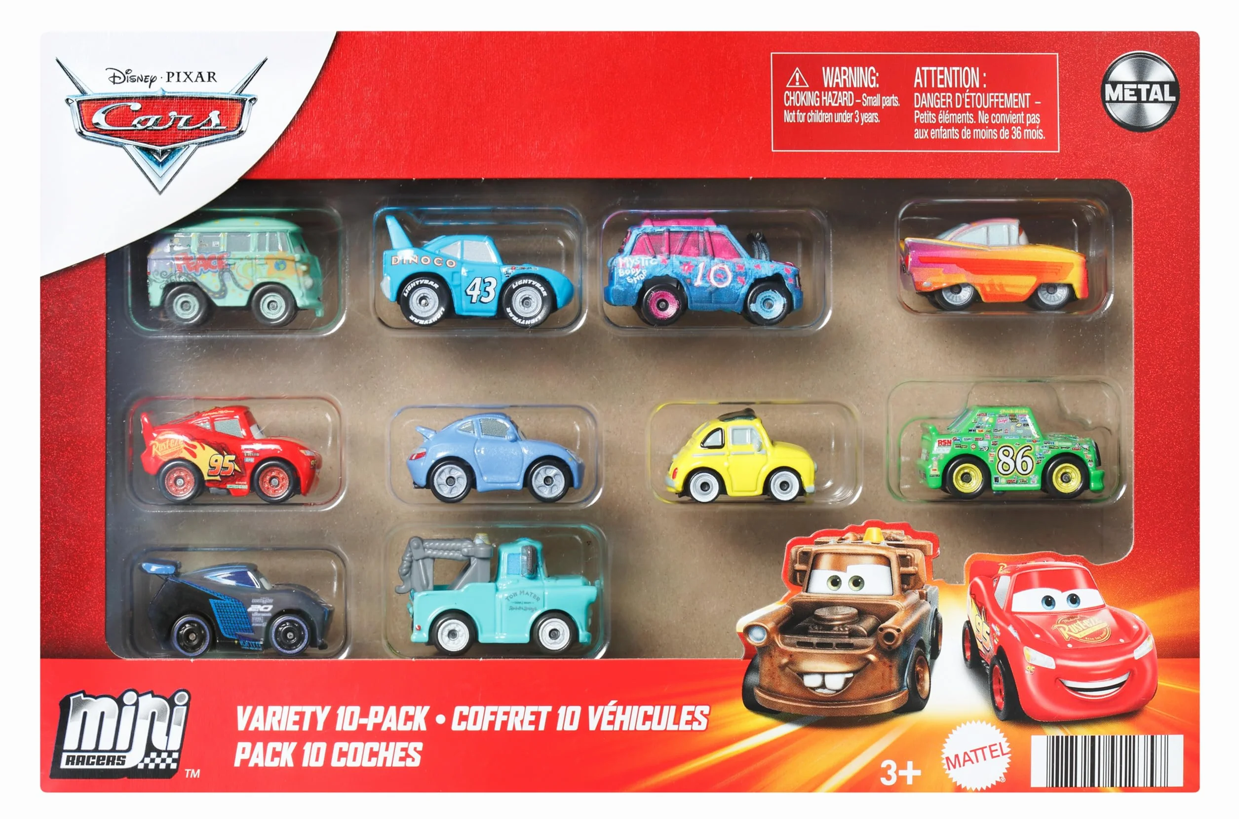Cars Auta Mikroauta 10-pak, zestaw 10 samochodzików zabawek, ulubione postacie fanów, miniaturowe auta zabawki dla dzieci 3+, GRW27