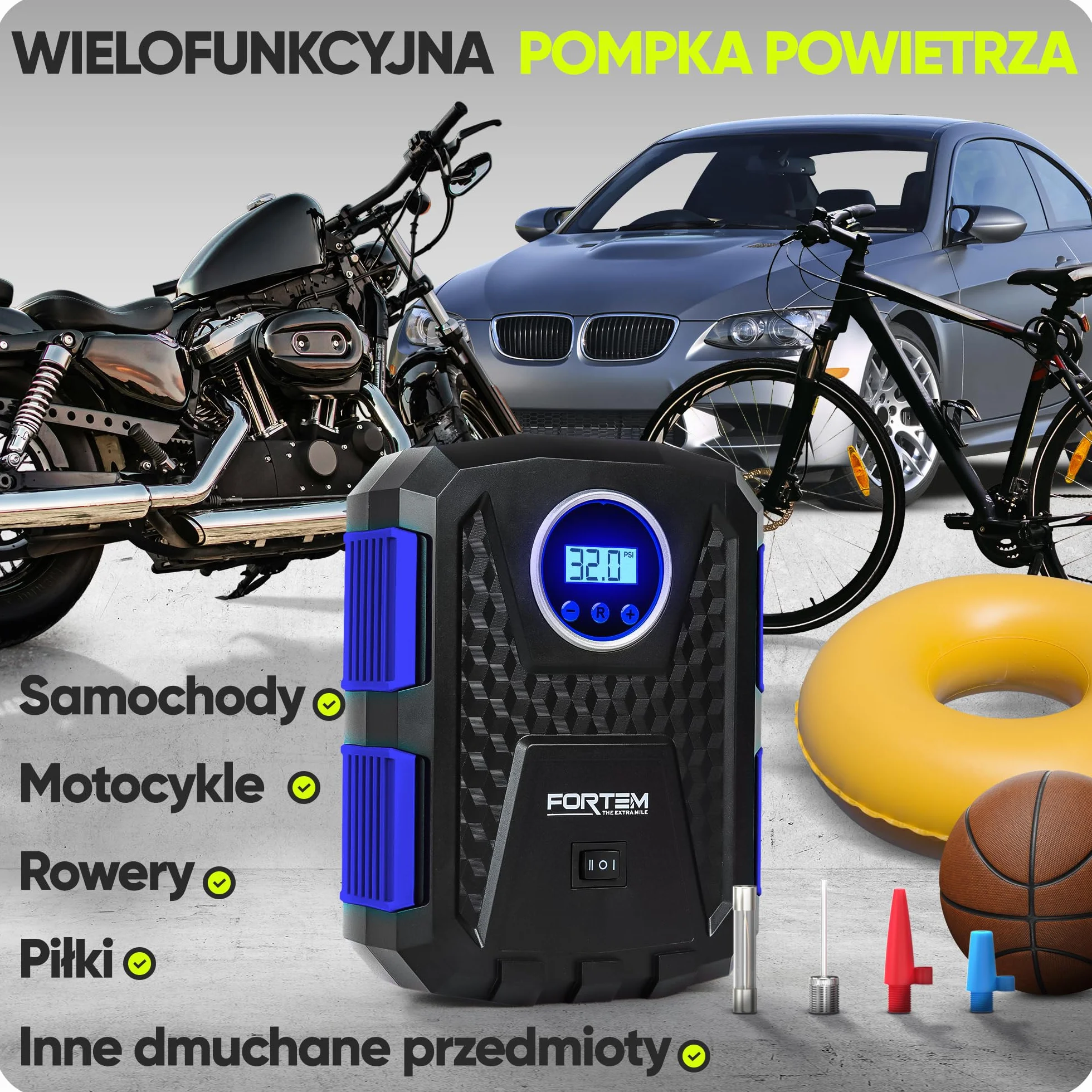 FORTEM Kompresor Samochodowy Przenośna Pompka Elektryczna z Cyfrowym Manometrem i Automatycznym Pompowaniem