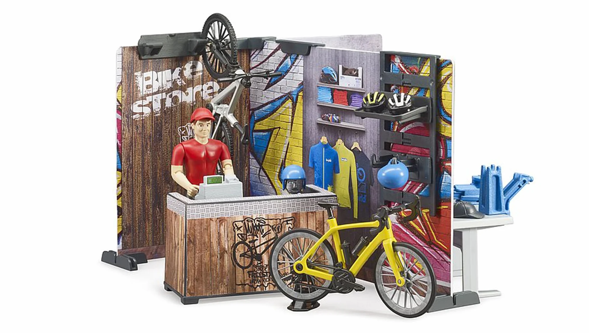 bruder 63120 - sklep rowerowy bworld z rowerami wyścigowymi, rowerami górskimi, warsztatem, sprzętem, narzędziami, ladą sprzedażową