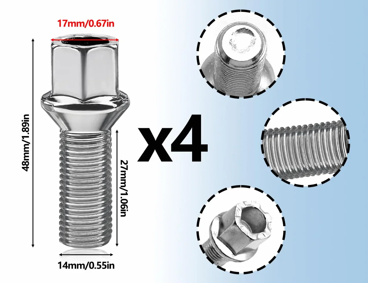 ZoeTekway 4 sztuki śrub do kół, kołków kulowych, nakrętek kół, M14 x 1,5 x 27 mm, srebrny, stal nierdzewna, sześciokątny, zestaw śrub do kół