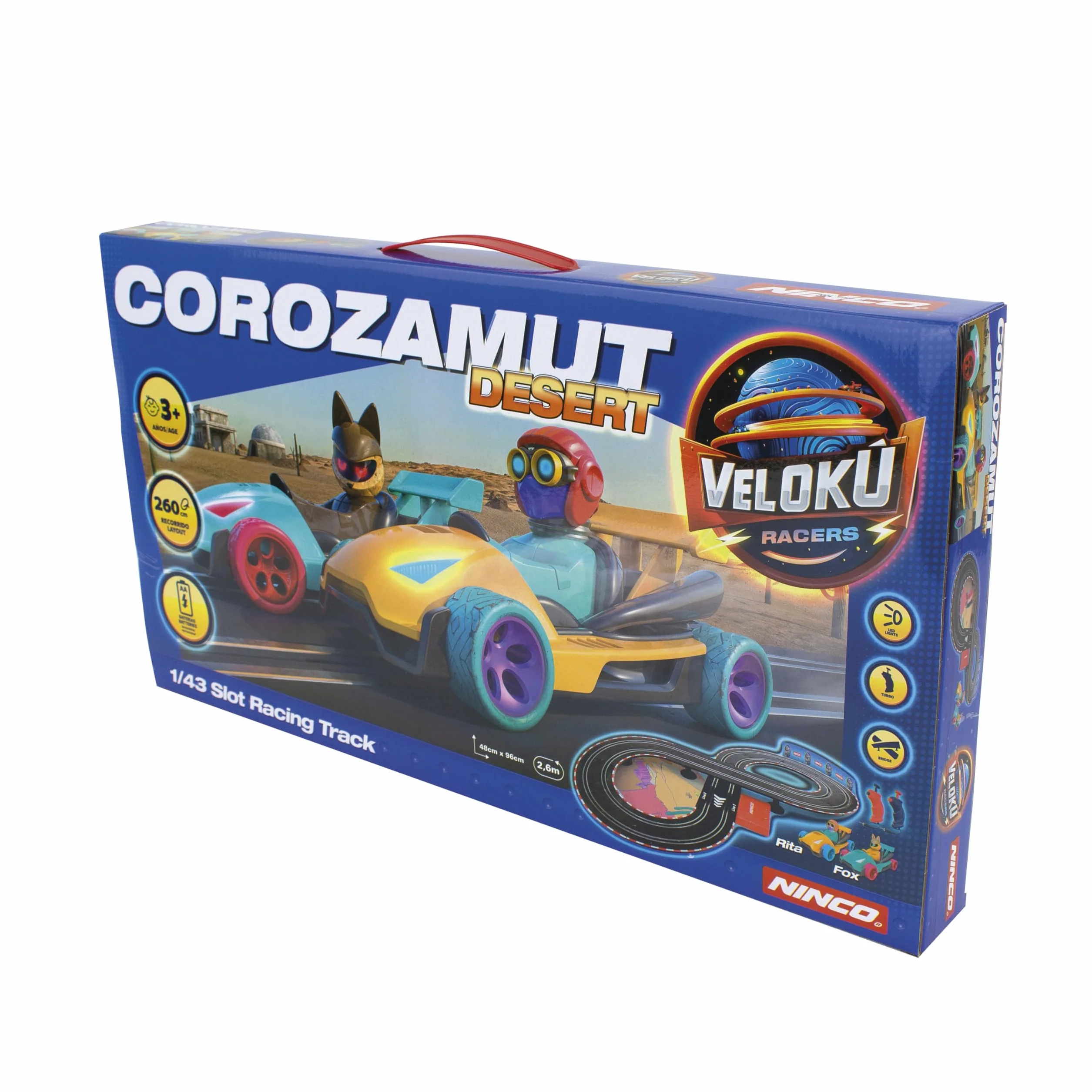 Ninco - Przerzutka do gniazda | Velokú Racers Desert tor wyścigowy dla dzieci z długim dystansem 260 cm, zabawne pojazdy ze światłami i 2 figurkami, zaprojektowany dla dzieci od 3 lat (91020)