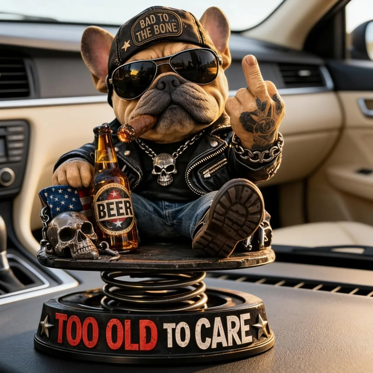 Too Old to Care Dashboard Bobblehead, interesujący buldog jako dekoracja samochodowa, zabawna dekoracja deski rozdzielczej samochodu w kształcie psa ze sprężynową podstawą, bobbleheady na deskę