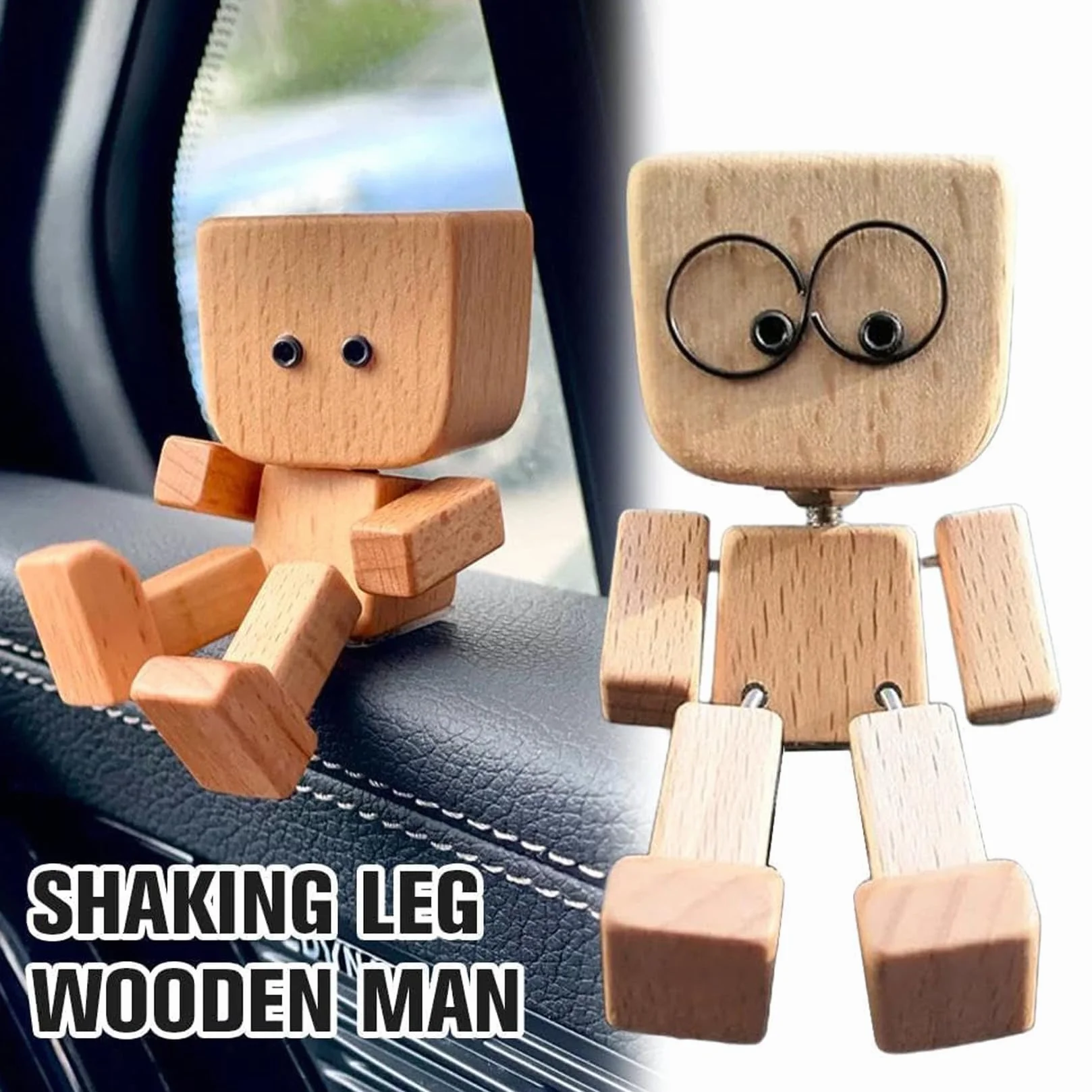 Shaking Wooden Man figurka z 12 wymiennymi wyrażeniami na desce rozdzielczej, dekoracja samochodu, akcesoria do wnętrza samochodu