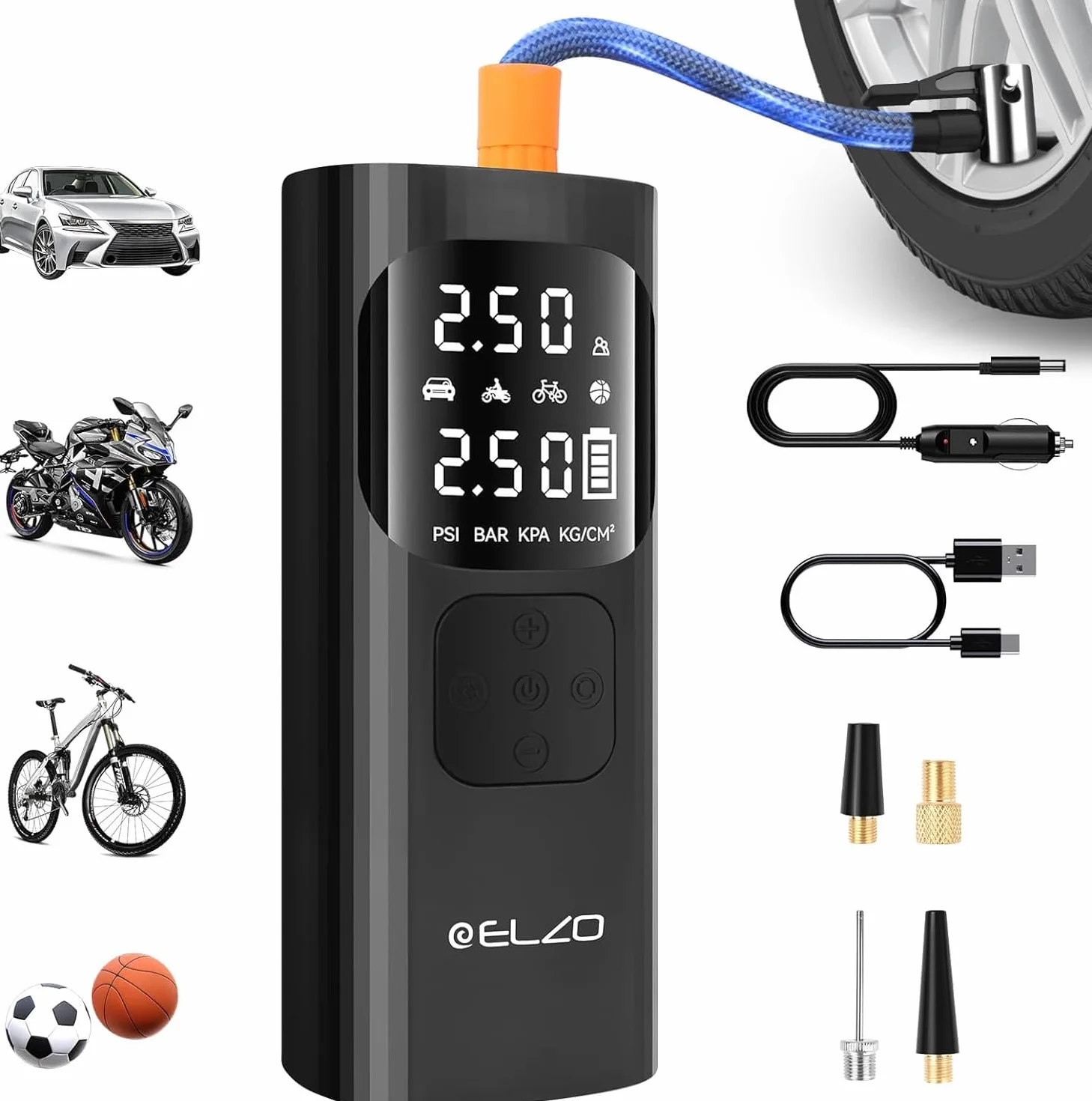 Elektryczna pompka powietrza, 150 PSI, 7500 mAh, przenośna, bezprzewodowa pompka powietrza z cyfrowym wyświetlaczem LCD i automatycznym zatrzymaniem, do rowerów, motocykli i piłek