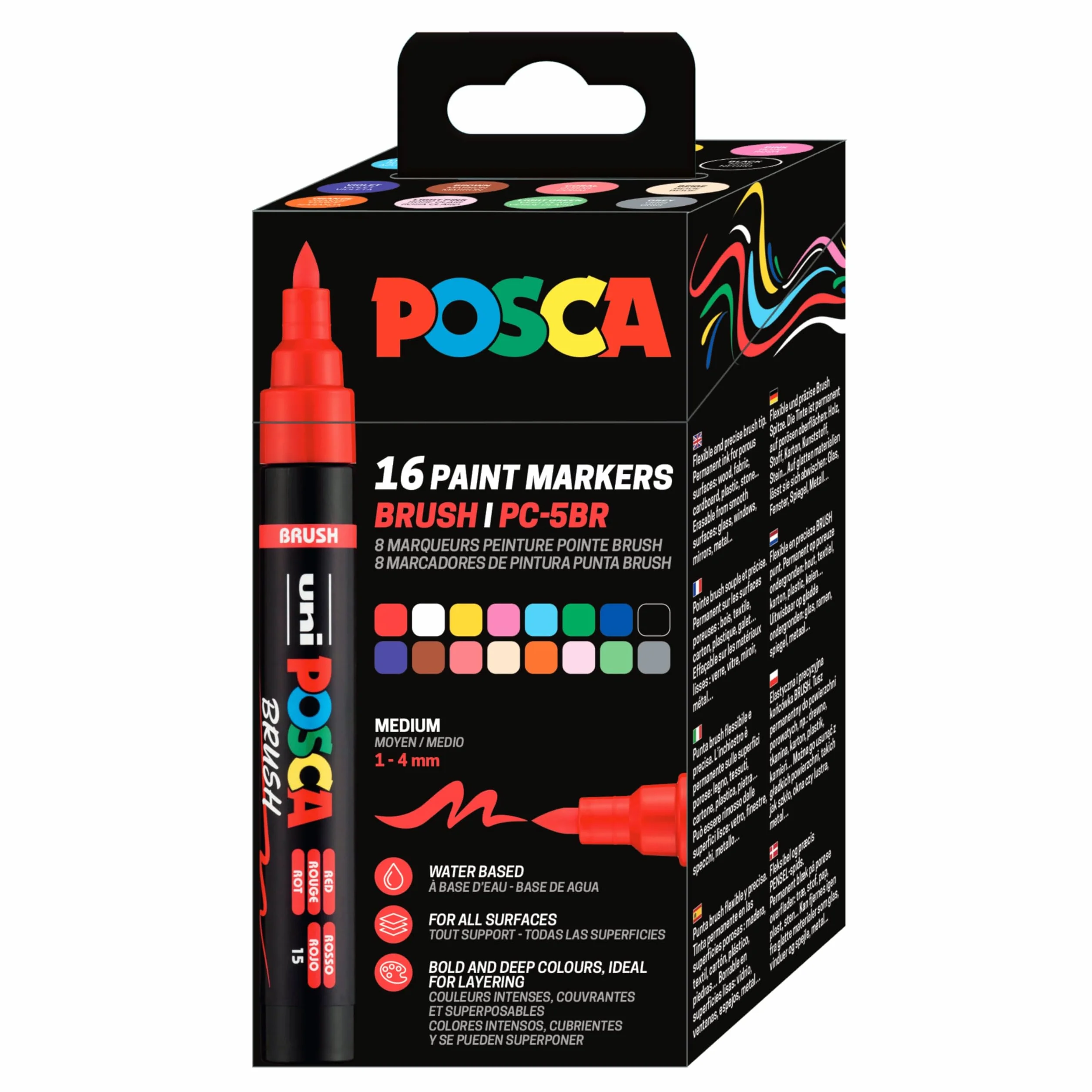 POSCA 184016 – zestaw markerów POSCA Brush Pen, 16 pisaków akrylowych z końcówką pędzelkową, pisaki PC-5BR do prawie każdej powierzchni