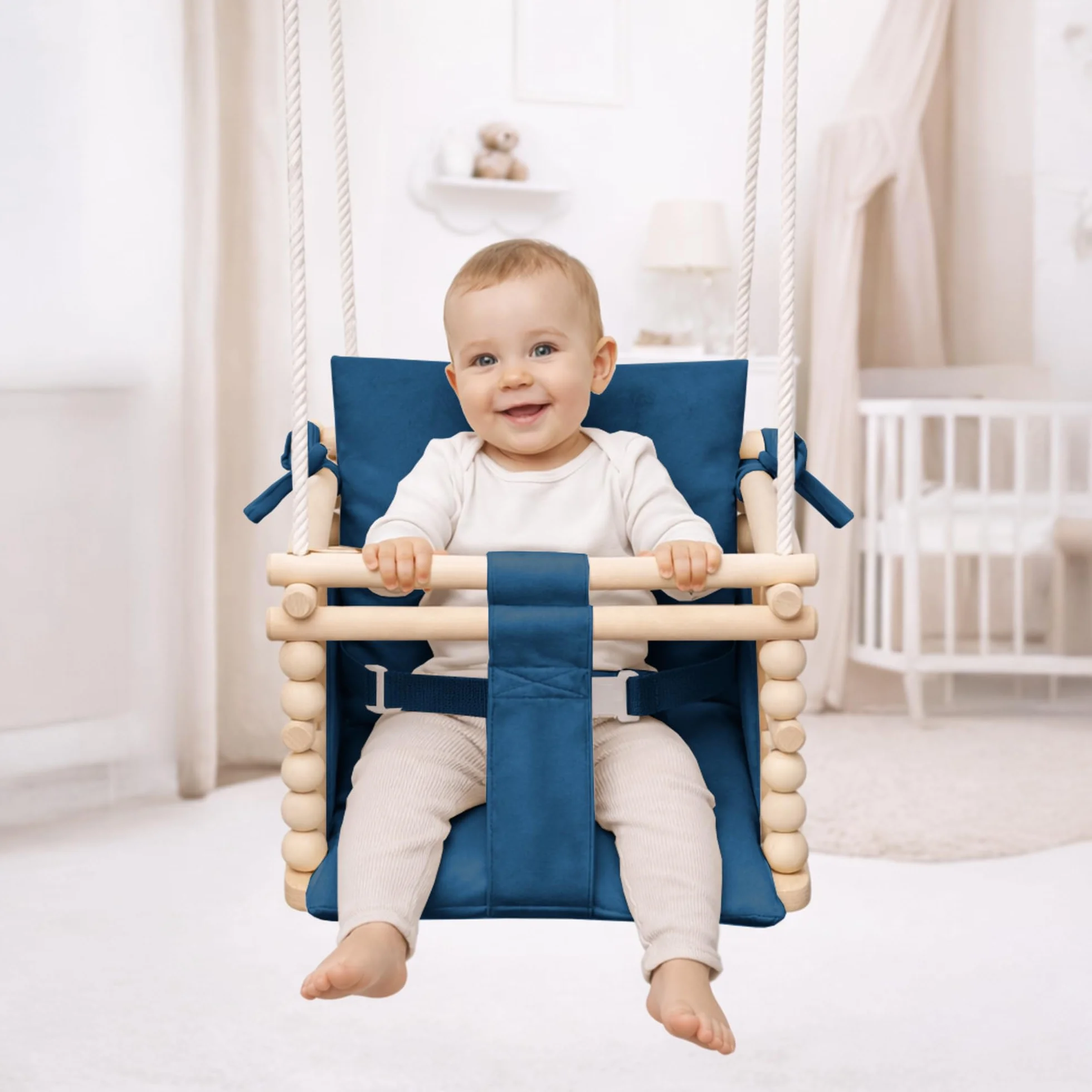 MAMOI® Huśtawka dziecięca 3 w 1 + PAS BEZPIECZEŃSTWA | Regulacja wysokości 190-260cm | Drewniana huśtawka dla dzieci | Wewnętrzna huśtawka dla dzieci do domu | CE | 100% ECO | Wyprodukowano w UE