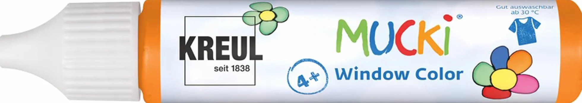 KREUL 24404 - Mucki Window Color, pomarańczowy, 29 ml Pen, farba do okien na bazie wody, bez parabenów, bez glutenu, bez laktozy, wegańska, łatwa do malowania, zmywalna