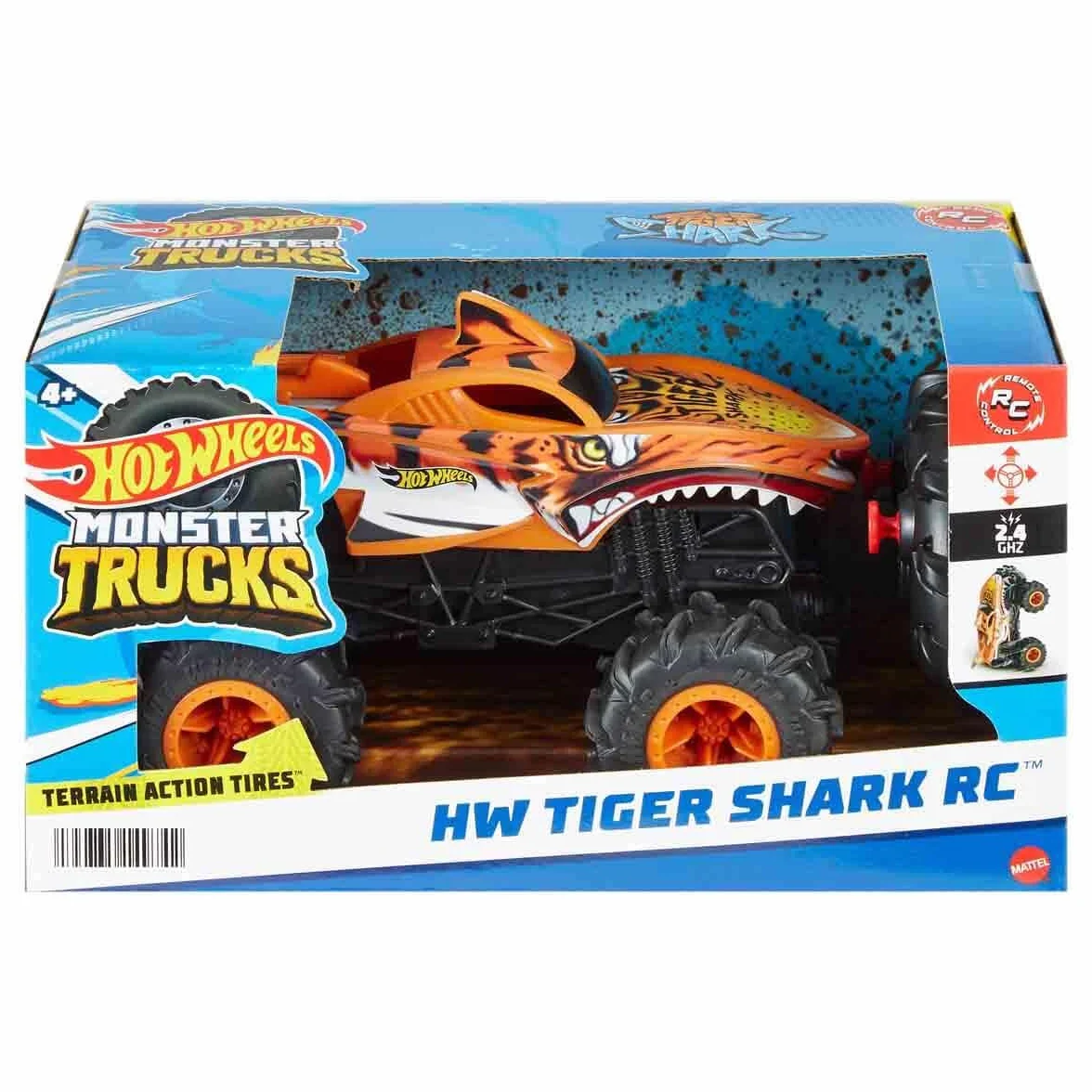 Hot Wheels Monster Trucks R/C Tiger Shark Pojazd zdalnie sterowany 1:24, jazda na każdej powierzchni dzięki oponom Terrain Action, HNV03
