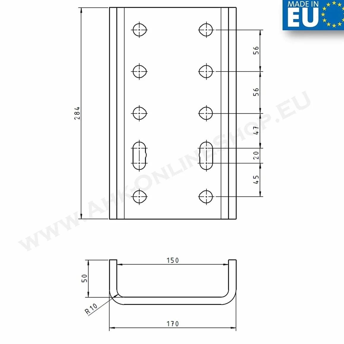 Bardzo długa płyta adapterowa, regulacja wysokości do haka AHK-Bock, do 2 otworów 90 mm i 4 otworów, 83 x 56 mm, hak holowniczy