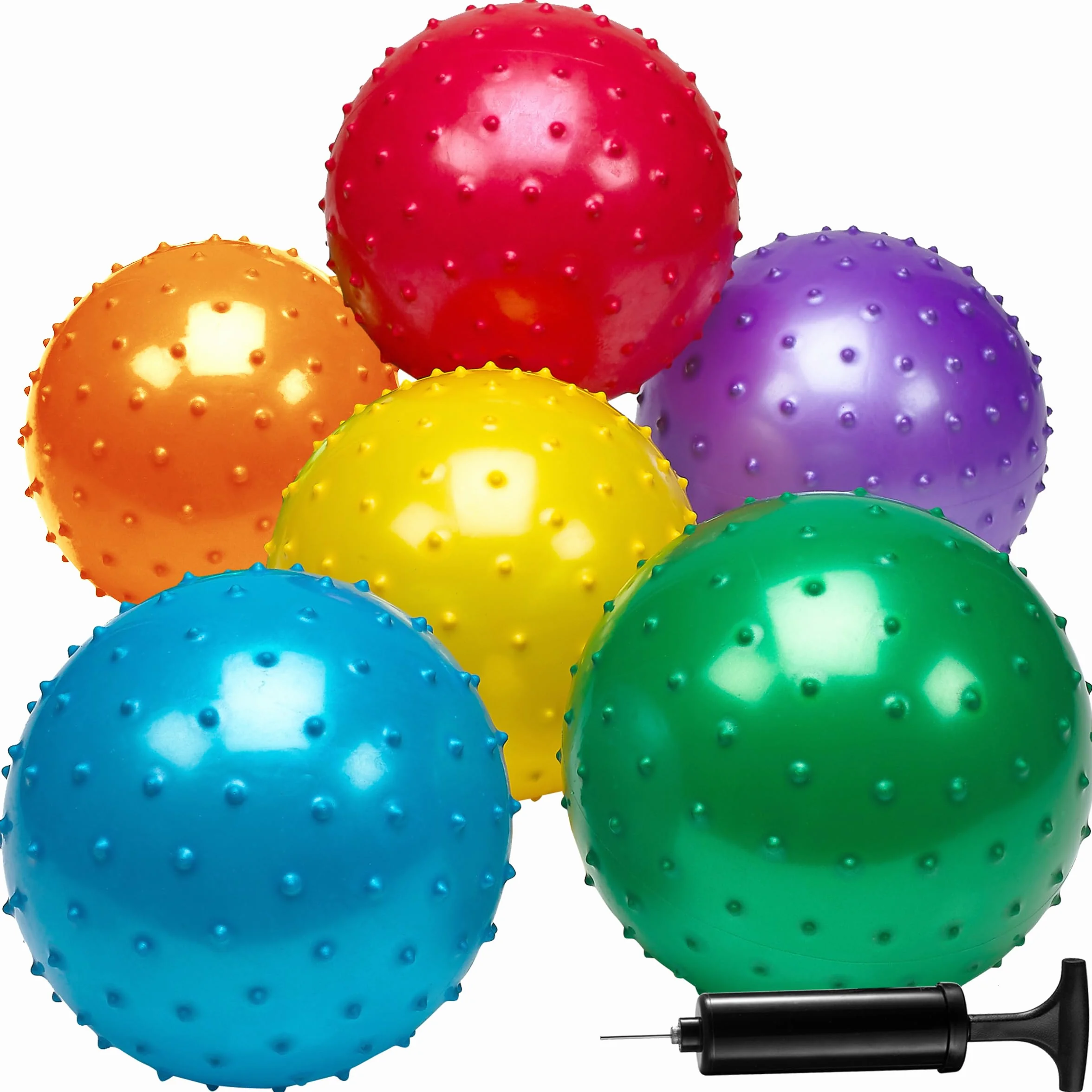 Bedwina Knobby Balls – pakiet 6 piłek sensorycznych 17,8 cm z kolcami i pompką, zabawne i sprężyste dla małych dzieci, upominki na imprezy i drobne prezenty świąteczne