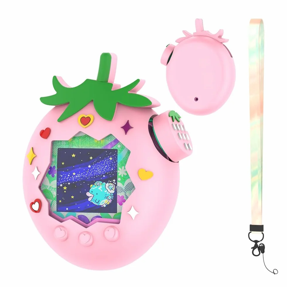 Truskawkowe etui ochronne do raju Tamagotchi, miękka silikonowa osłona TPU, truskawkowe etui z motywem kreskówkowym ze smyczą i nasadką na klawisze, odporne na zarysowania i wstrząsy