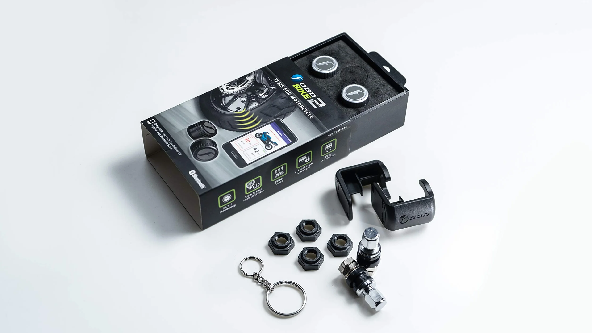FOBO Bike 2 system monitorowania ciśnienia w oponach z aplikacją, inteligentny czujnik ciśnienia w oponach Bluetooth 5.0 do motocykli, srebrny