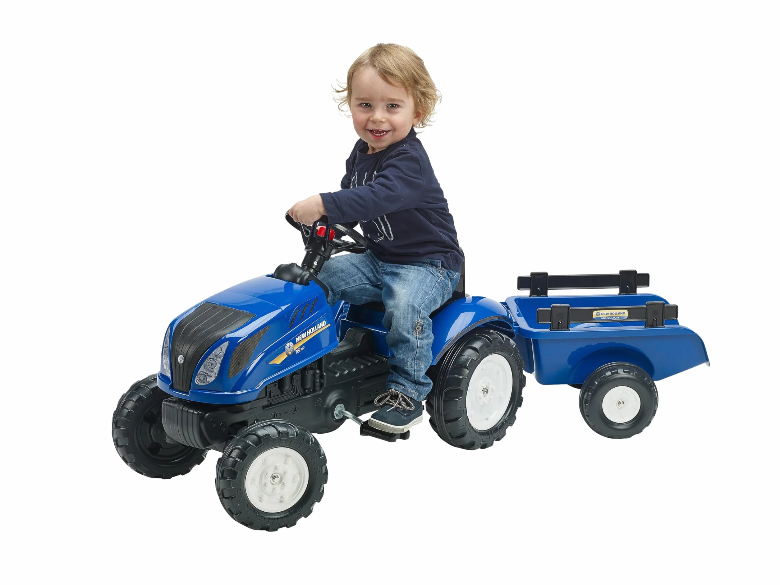 Falk Tractor de New Holland Leaf traktor z przyczepą do pedałów – od 2 lat otwarta osłona silnika – kierownica z klaksonem – 3080AB, niebieska, L