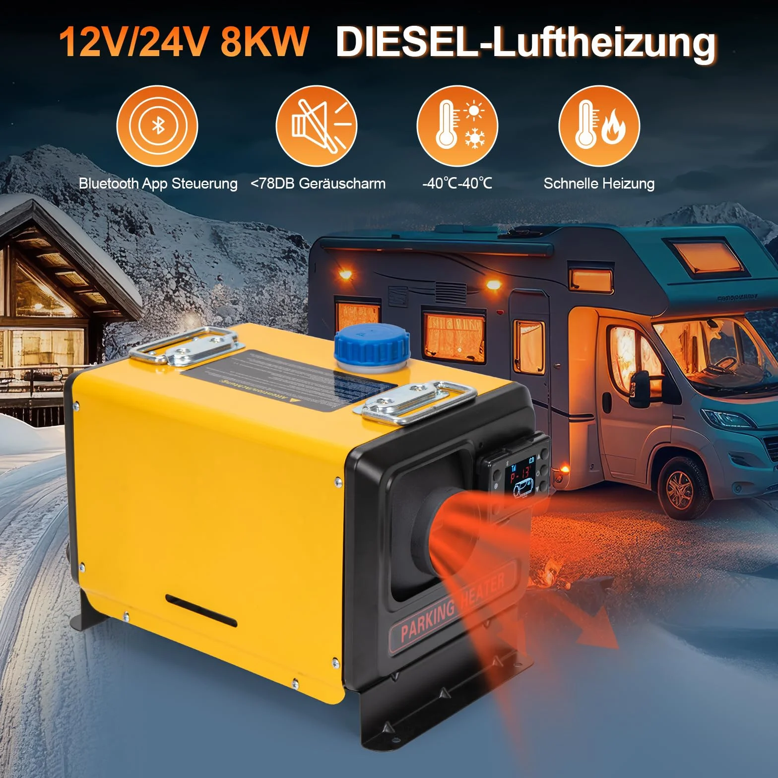 Przenośne ogrzewanie na olej napędowy 8 kW 12V/24V DC 220V AC z ekranem LCD i sterowaniem aplikacją