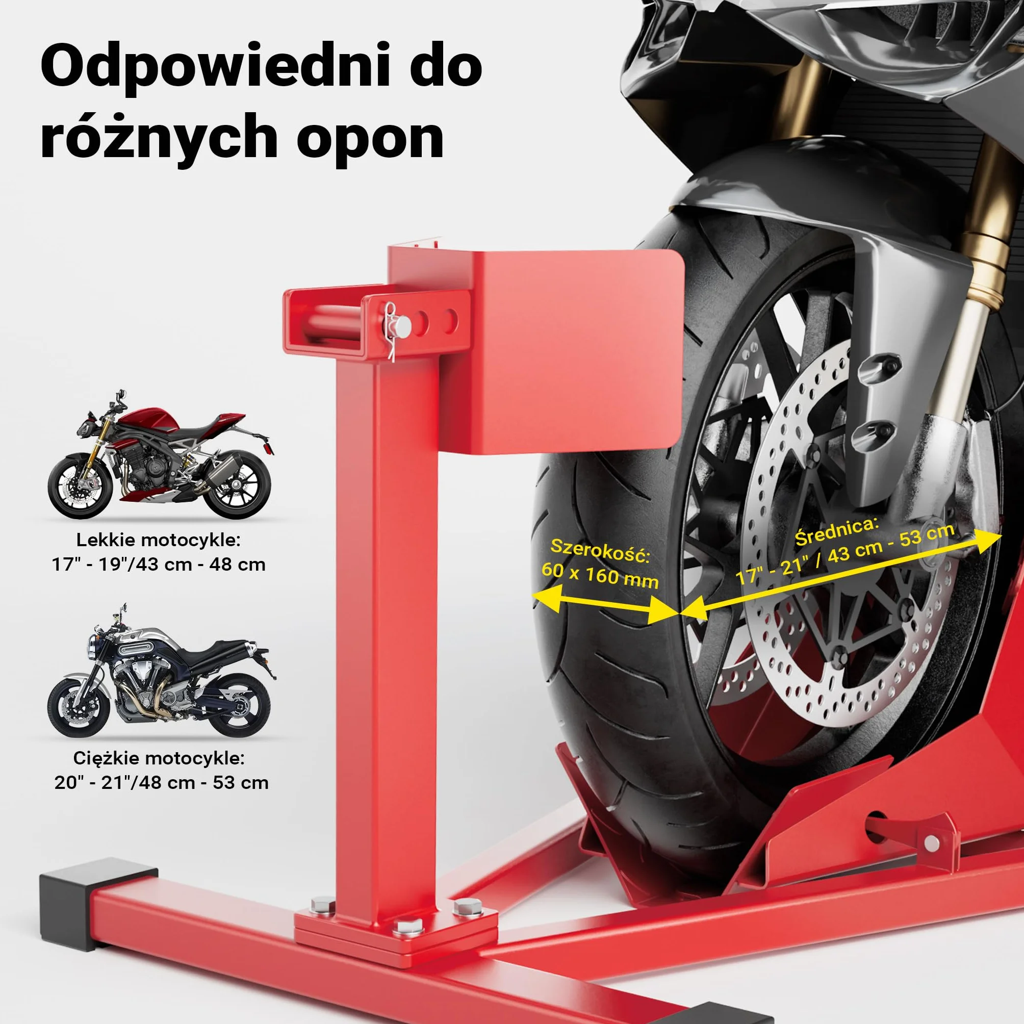Wiltec Stojak na motocykl o wymiarach 670 x 480 mm do przedniego koła 17-21" o szerokości 60-160 mm, stojak do serwisu koła motocyklu
